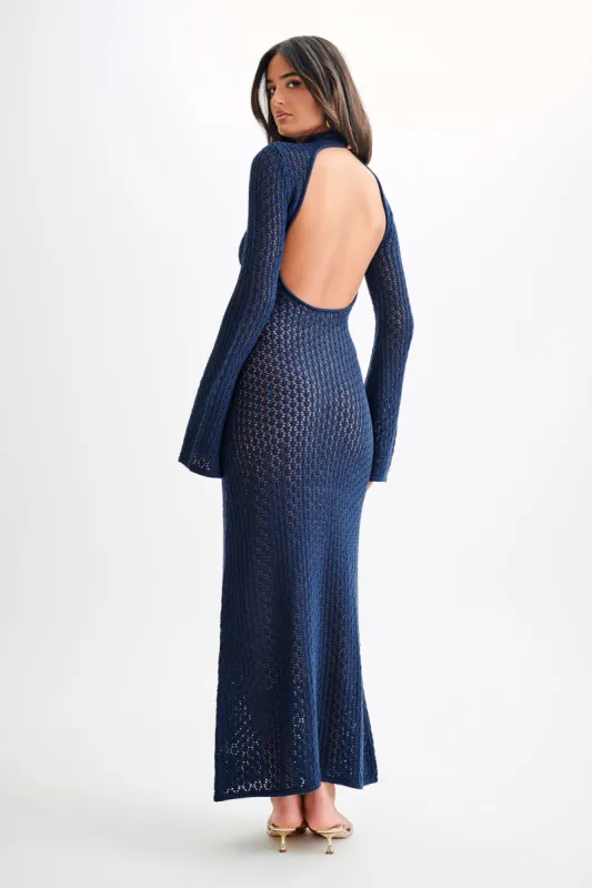 Julia Crochet Open Back Maxi Dress - Navy sold by Meshki