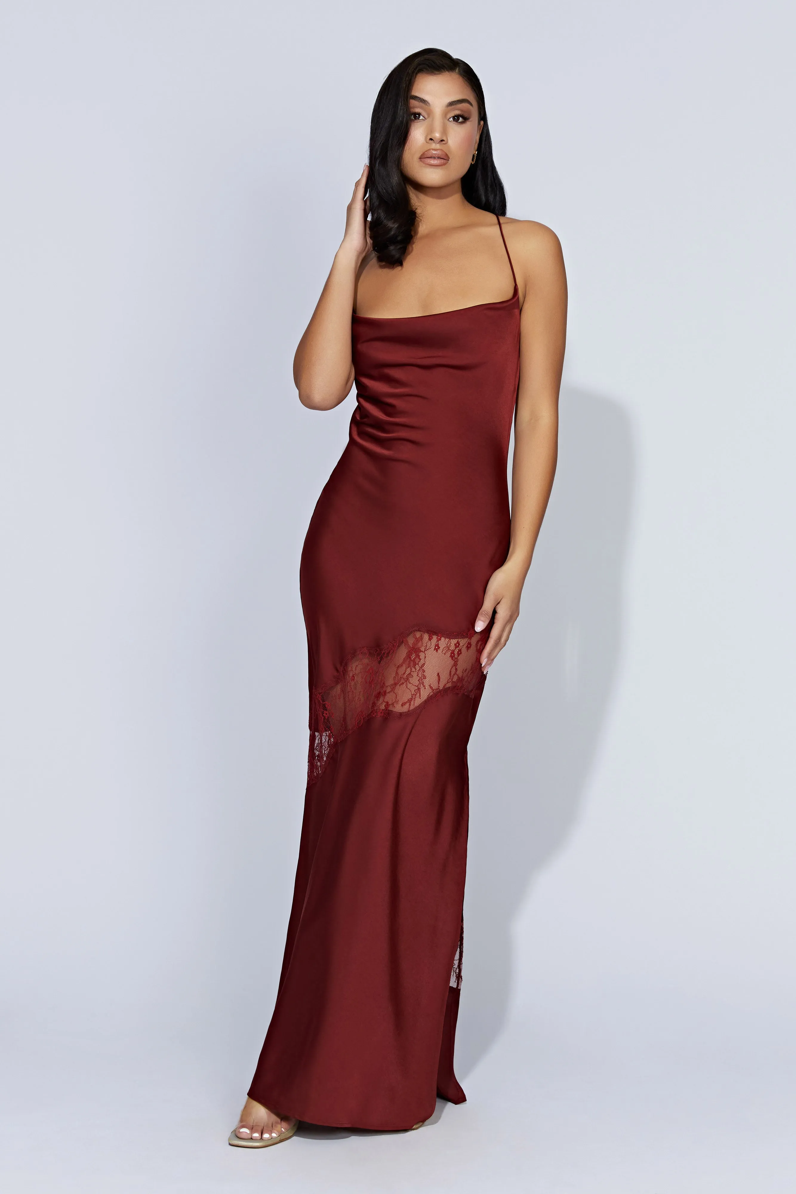 Chandra Lace Detail Satin Maxi Dress - Cherry Chocolate sold by Meshki product image thumbnail 4