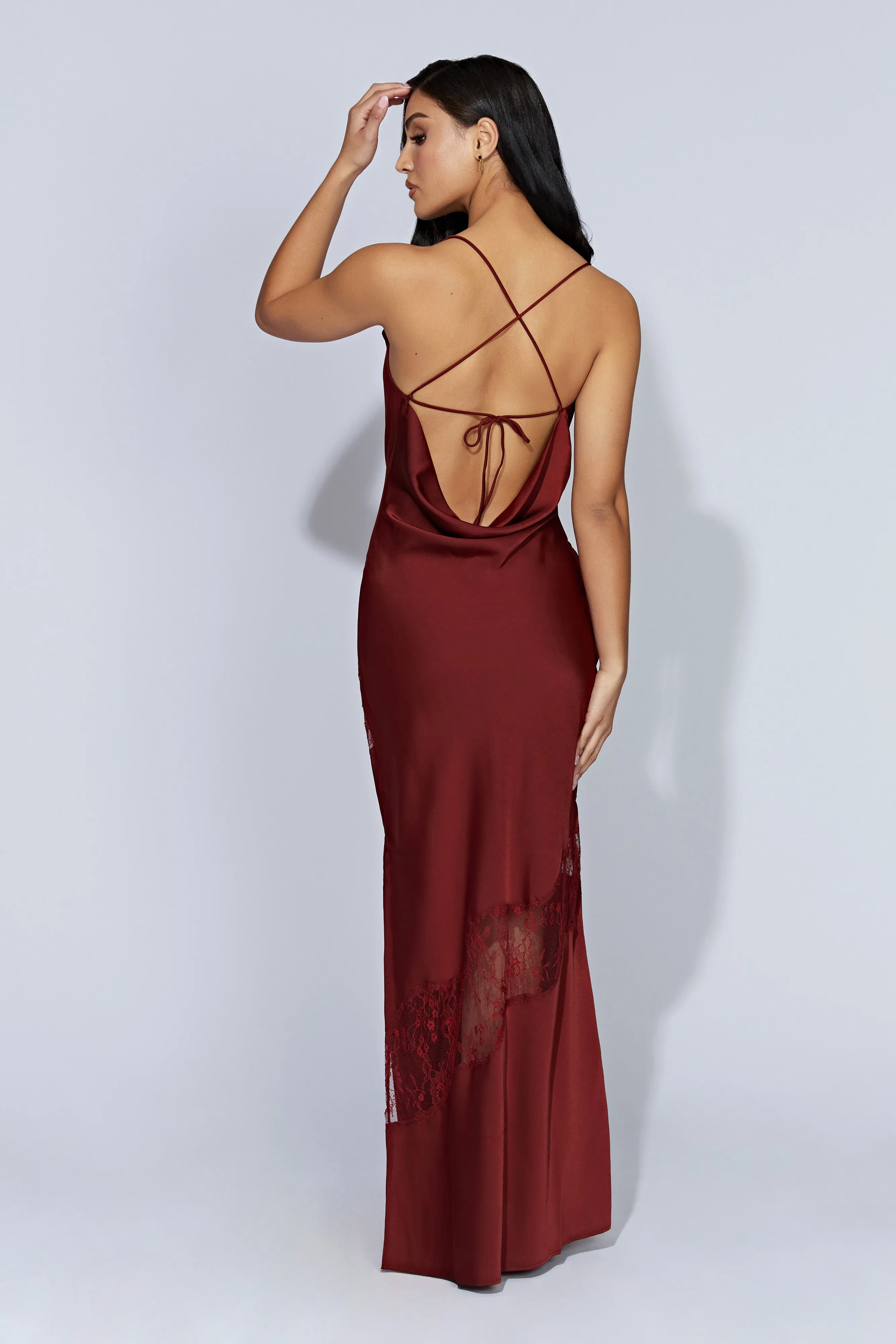 Chandra Lace Detail Satin Maxi Dress - Cherry Chocolate sold by Meshki