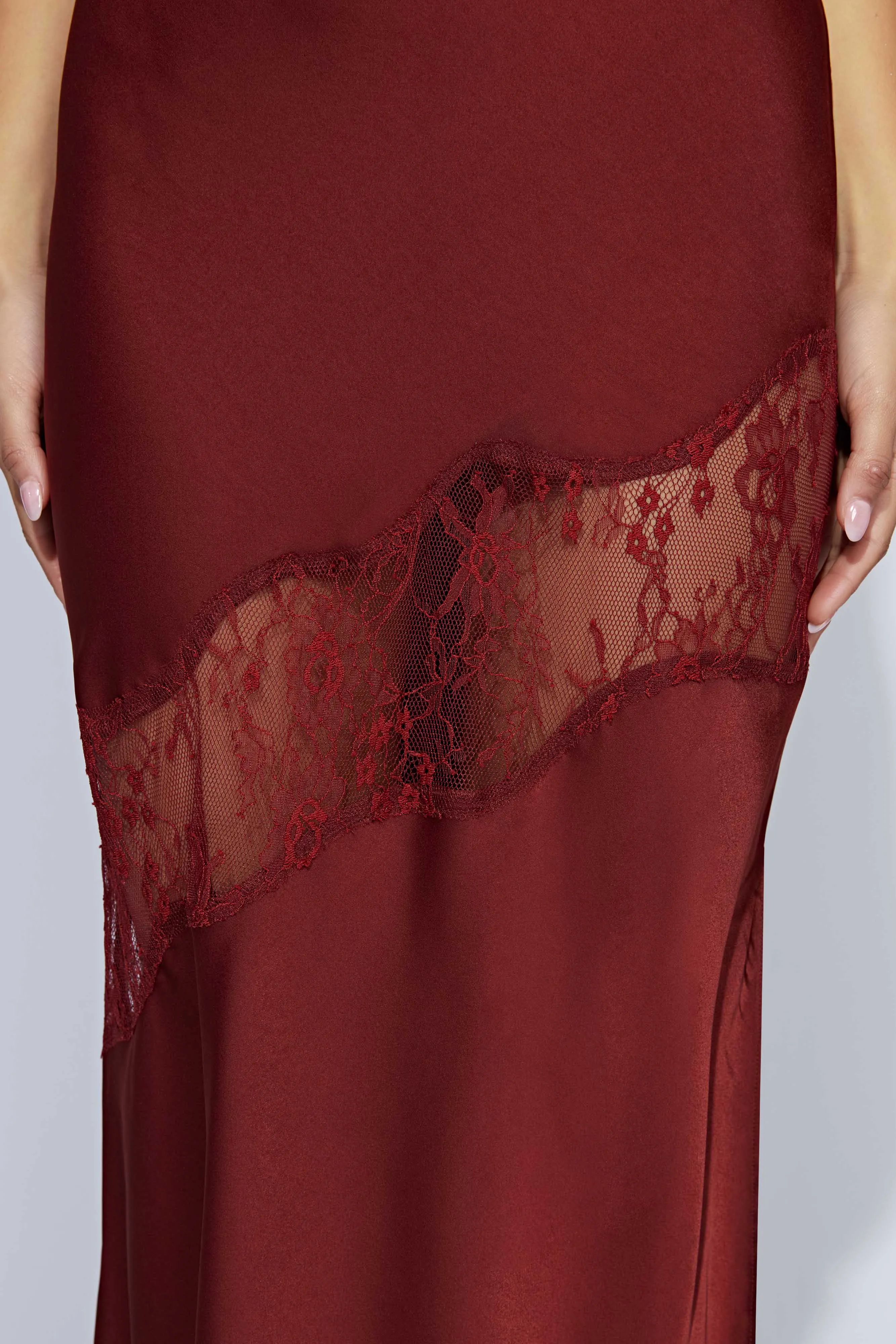 Chandra Lace Detail Satin Maxi Dress - Cherry Chocolate sold by Meshki product image thumbnail 5