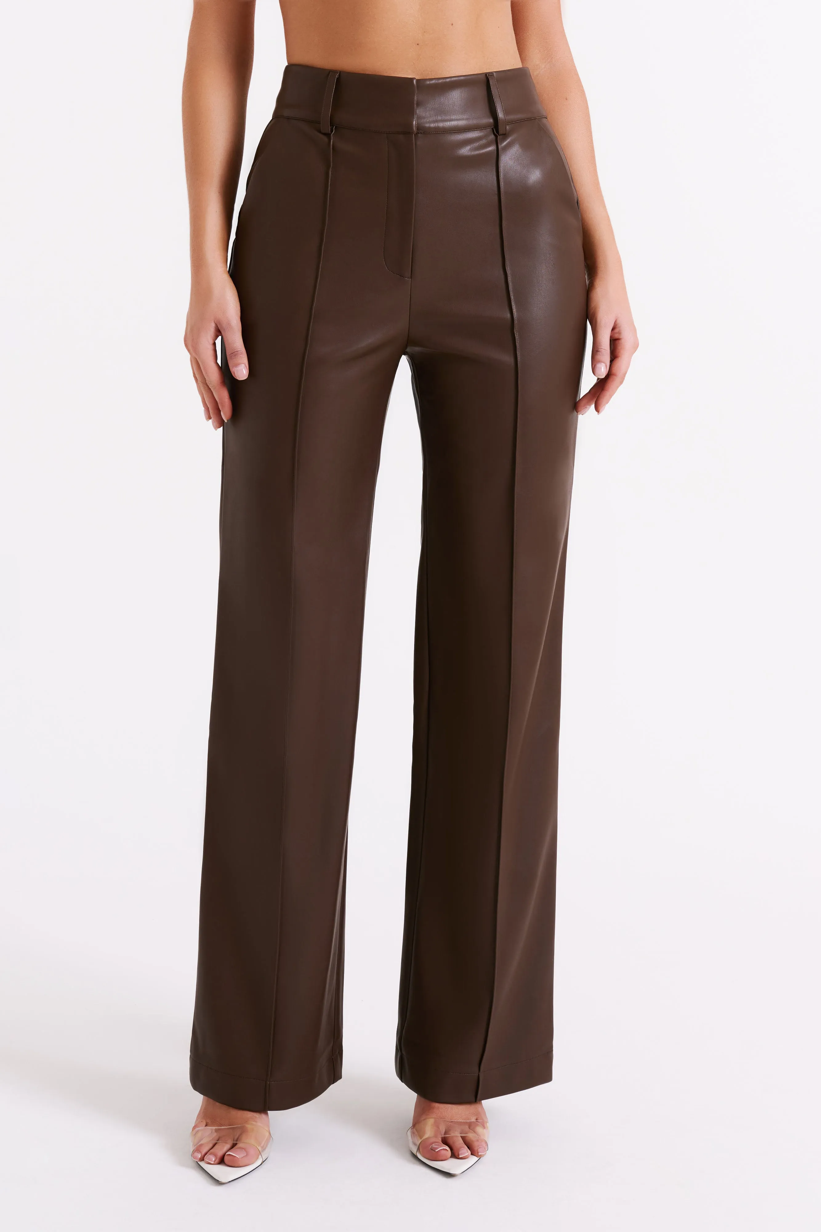 Toni Faux Leather Wide Leg Pant - Dark Brown sold by Meshki product image thumbnail 3
