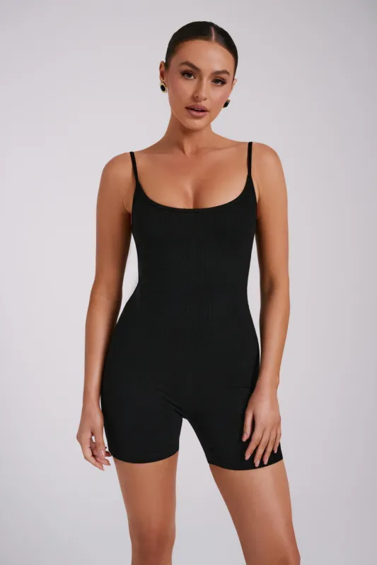 Alexis Ribbed Cami Playsuit - Black sold by Meshki