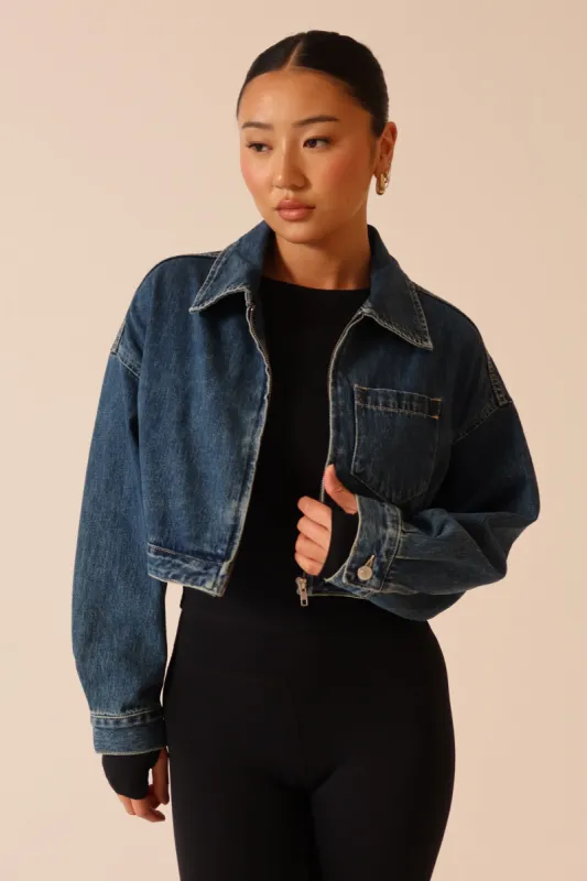 Kyle Cropped Denim Jacket - Dark Blue sold by Meshki