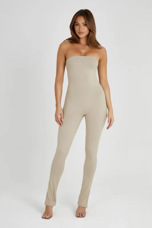 Peggy Strapless Jumpsuit - Taupe sold by Meshki