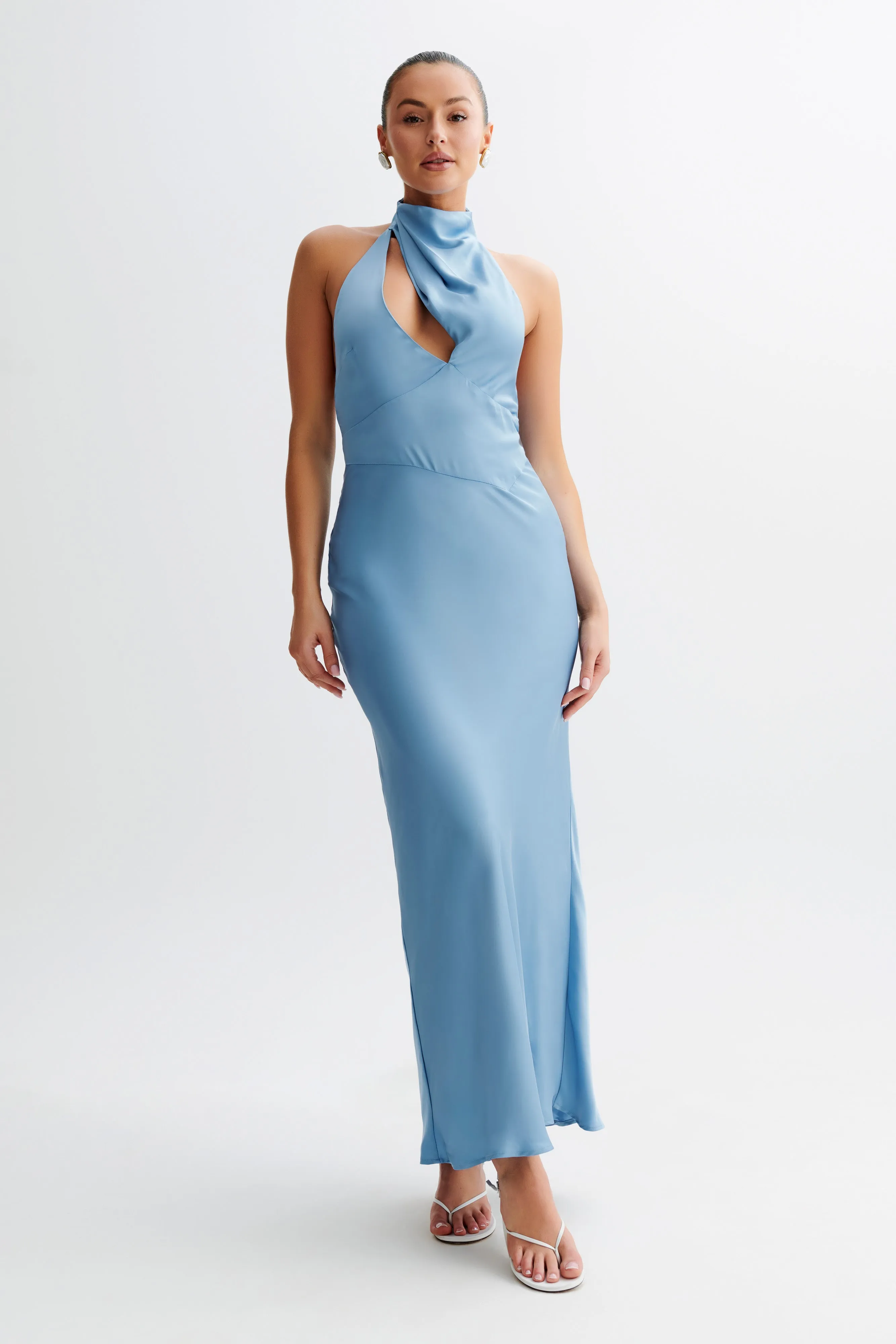 Belladonna Satin Halter Maxi Dress - Iris Blue sold by Meshki