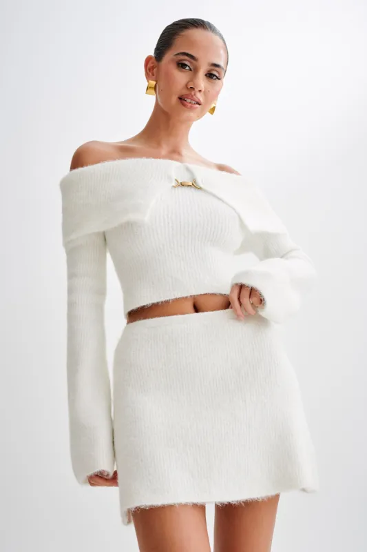 Baxter Off Shoulder Fluffy Knit Top - Ivory sold by Meshki