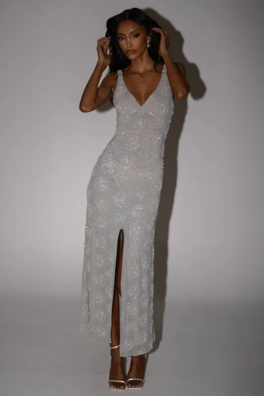Nylah Rose Beaded Maxi Dress - Silver sold by Meshki