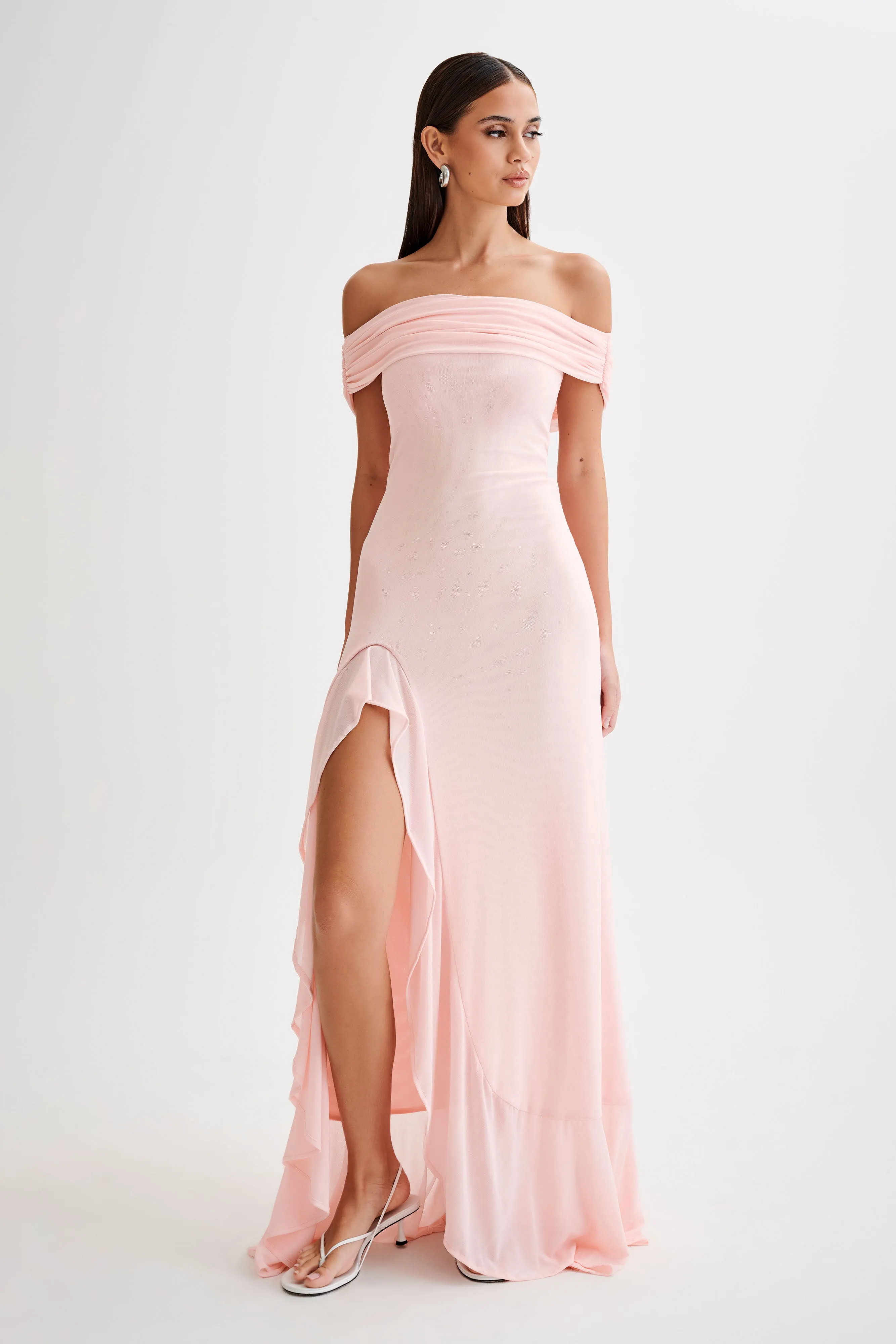 Audrey Off Shoulder Mesh Maxi Dress - Pale Pink sold by Meshki product image thumbnail 4