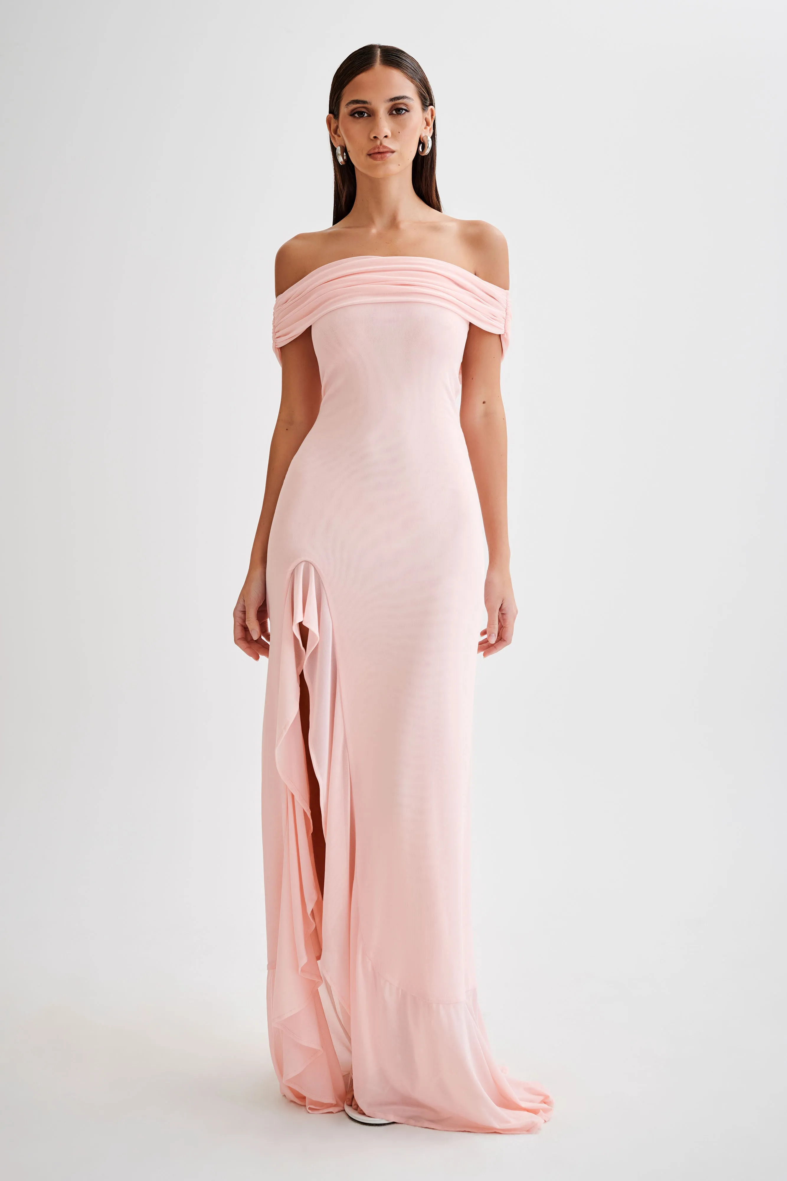 Audrey Off Shoulder Mesh Maxi Dress - Pale Pink sold by Meshki