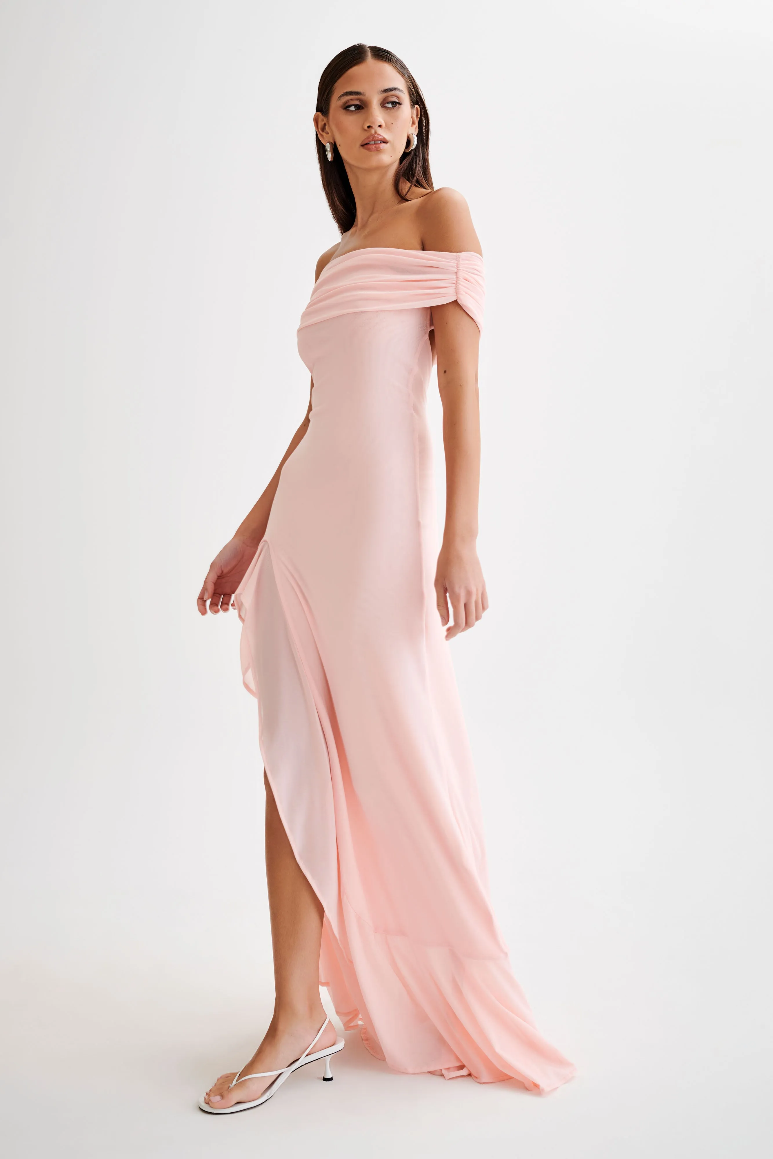 Audrey Off Shoulder Mesh Maxi Dress - Pale Pink sold by Meshki product image thumbnail 5