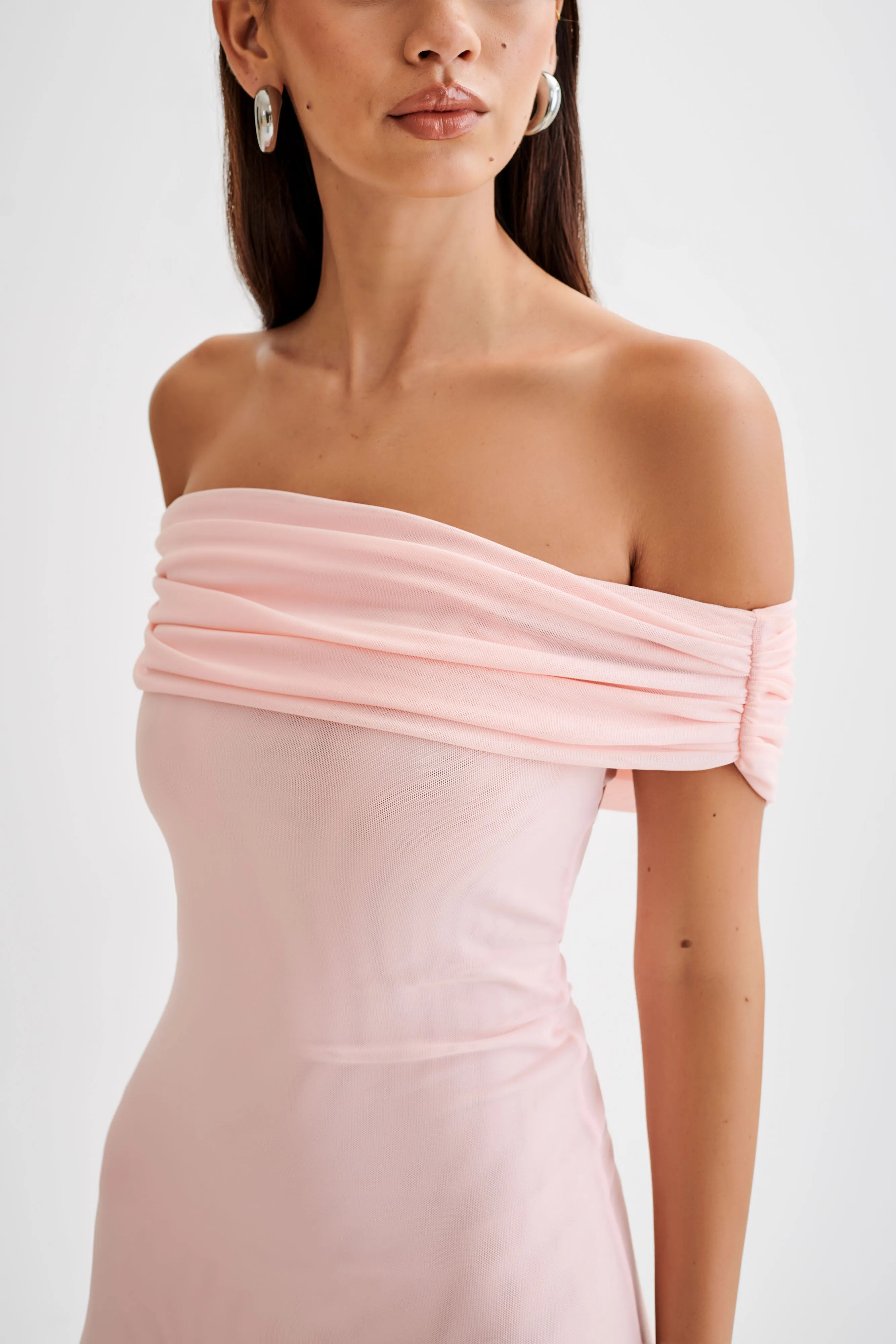 Audrey Off Shoulder Mesh Maxi Dress - Pale Pink sold by Meshki product image thumbnail 3