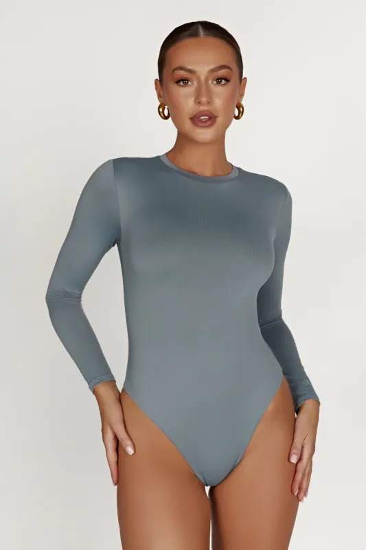 Delilah Recycled Nylon Long Sleeve Crew Neck Bodysuit - Light Charcoal sold by Meshki