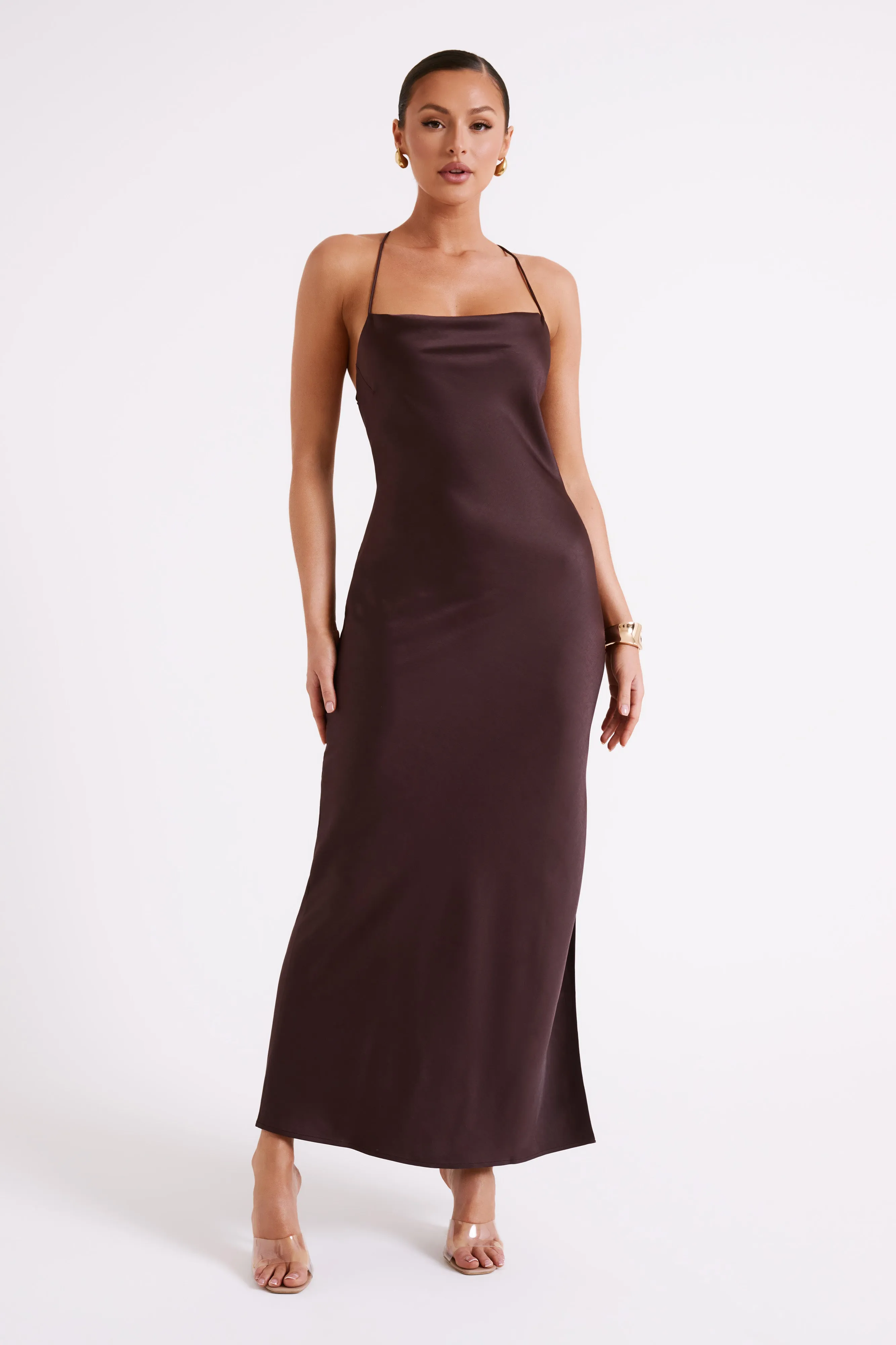 Sydney Straight Neck Slip Maxi Dress - Chocolate sold by Meshki