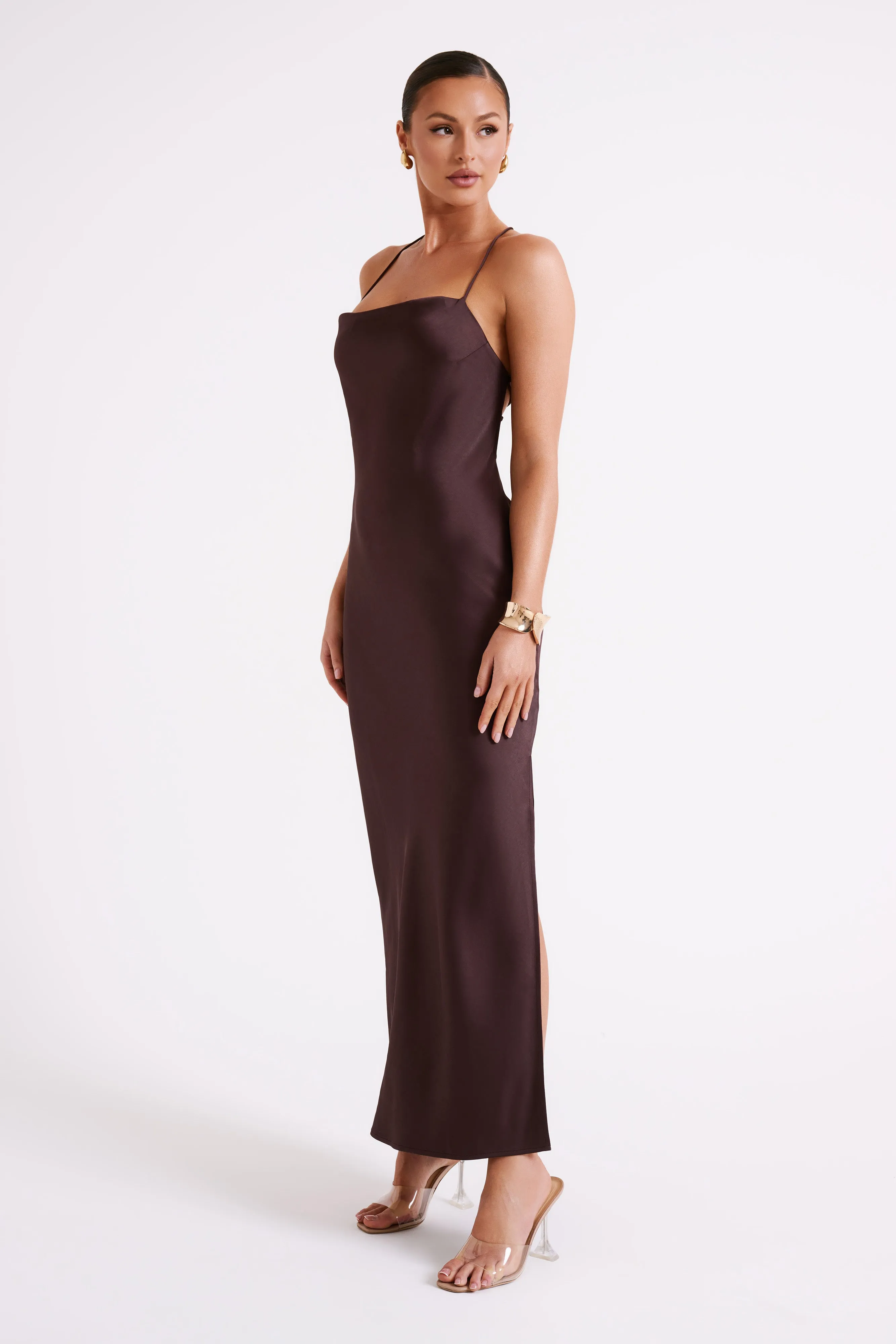 Sydney Straight Neck Slip Maxi Dress - Chocolate sold by Meshki product image thumbnail 5