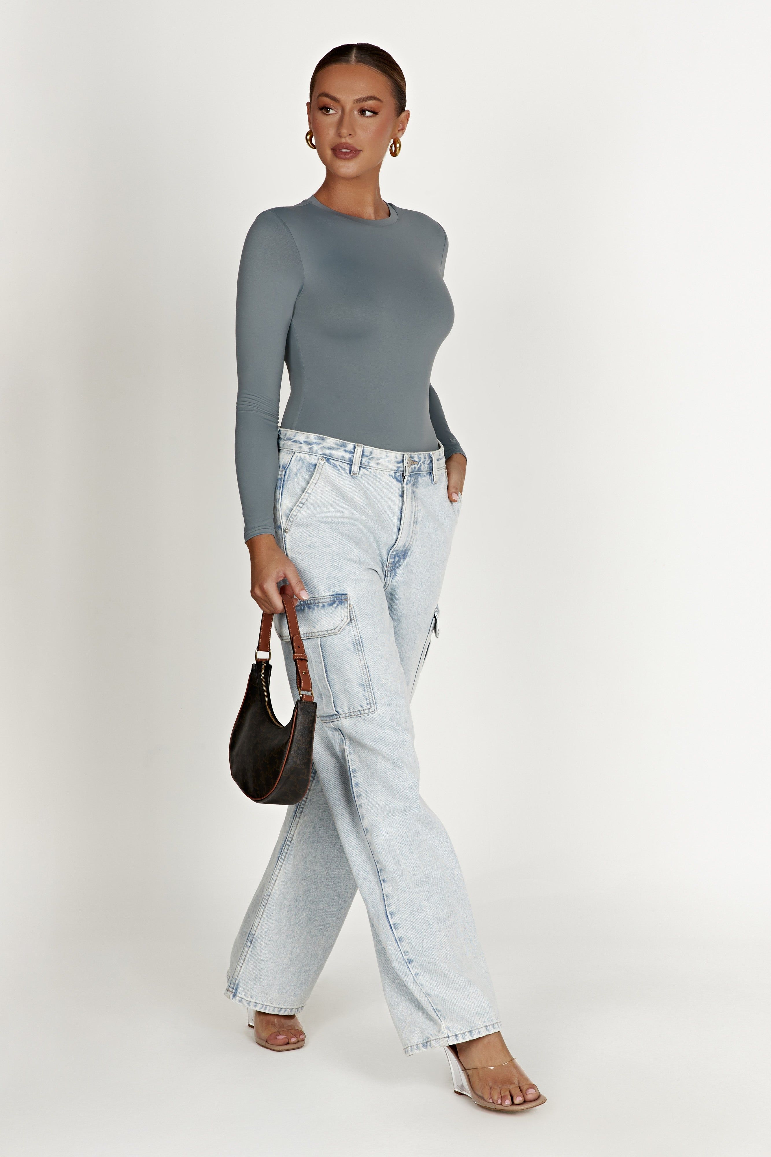 Delilah Recycled Nylon Long Sleeve Bodysuit - Light Charcoal sold by Meshki product image thumbnail 5