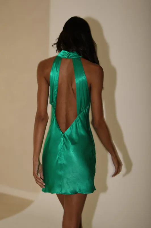Claire Shiny A Line Mini Dress - Green sold by Meshki