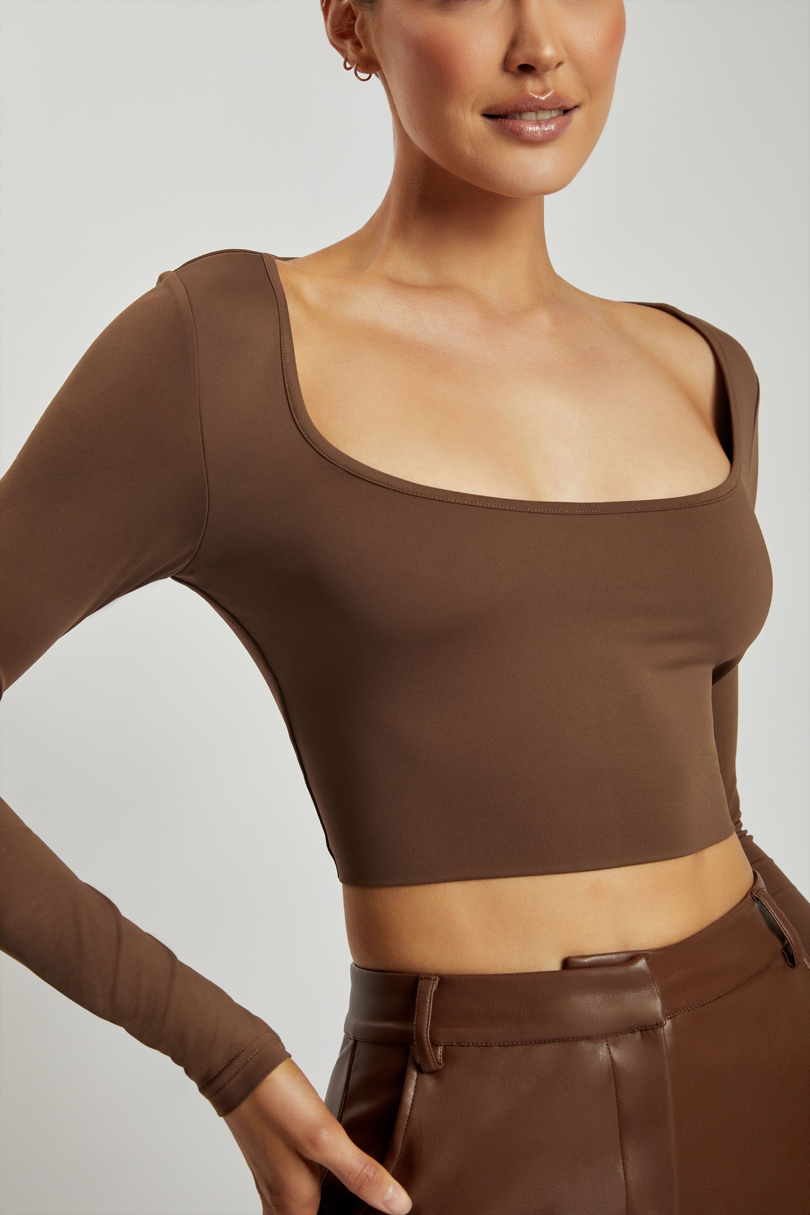Lana Scoop Long Sleeve Scoop Neck Crop - Chocolate sold by Meshki product image thumbnail 12
