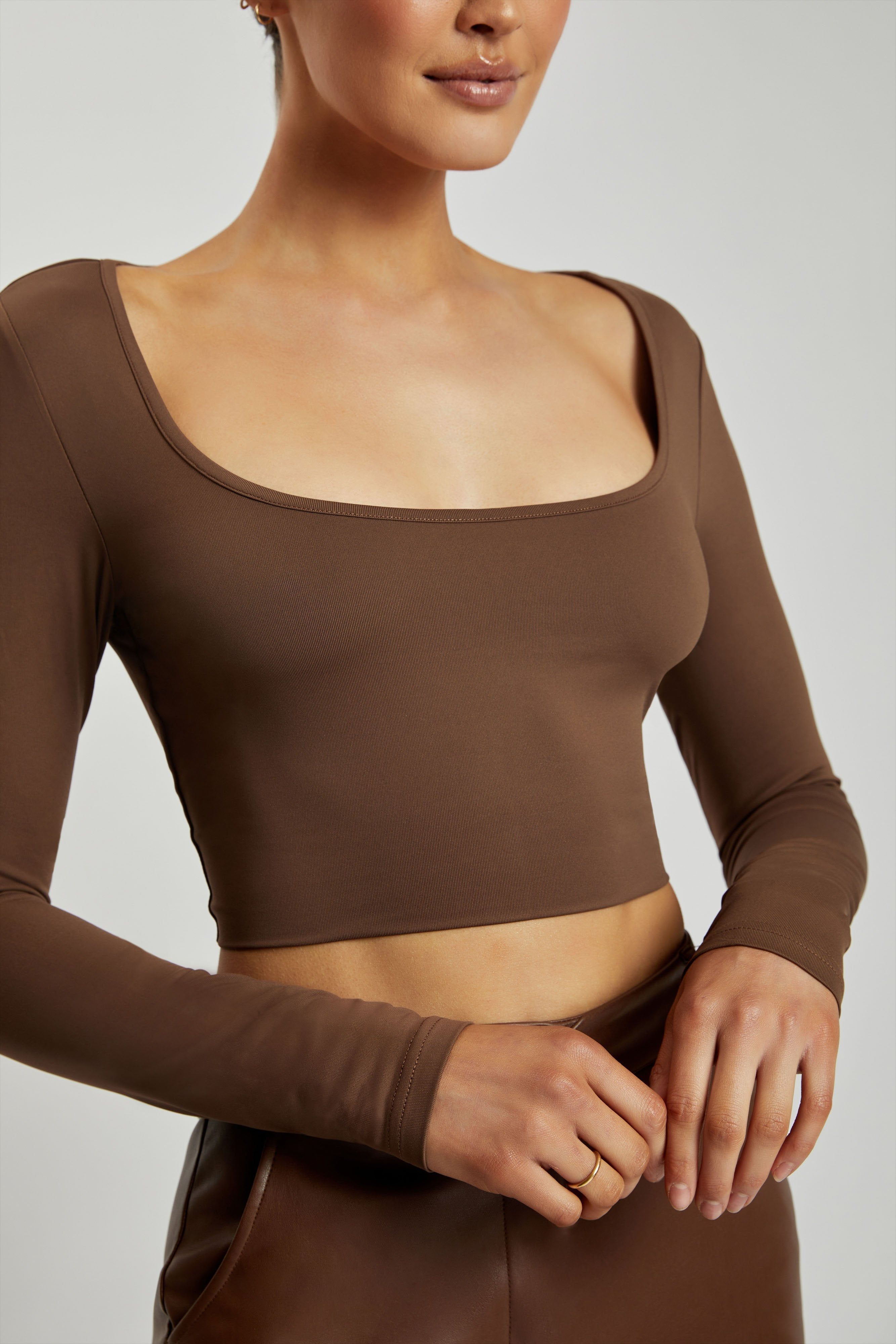 Lana Scoop Long Sleeve Scoop Neck Crop - Chocolate sold by Meshki product image thumbnail 4
