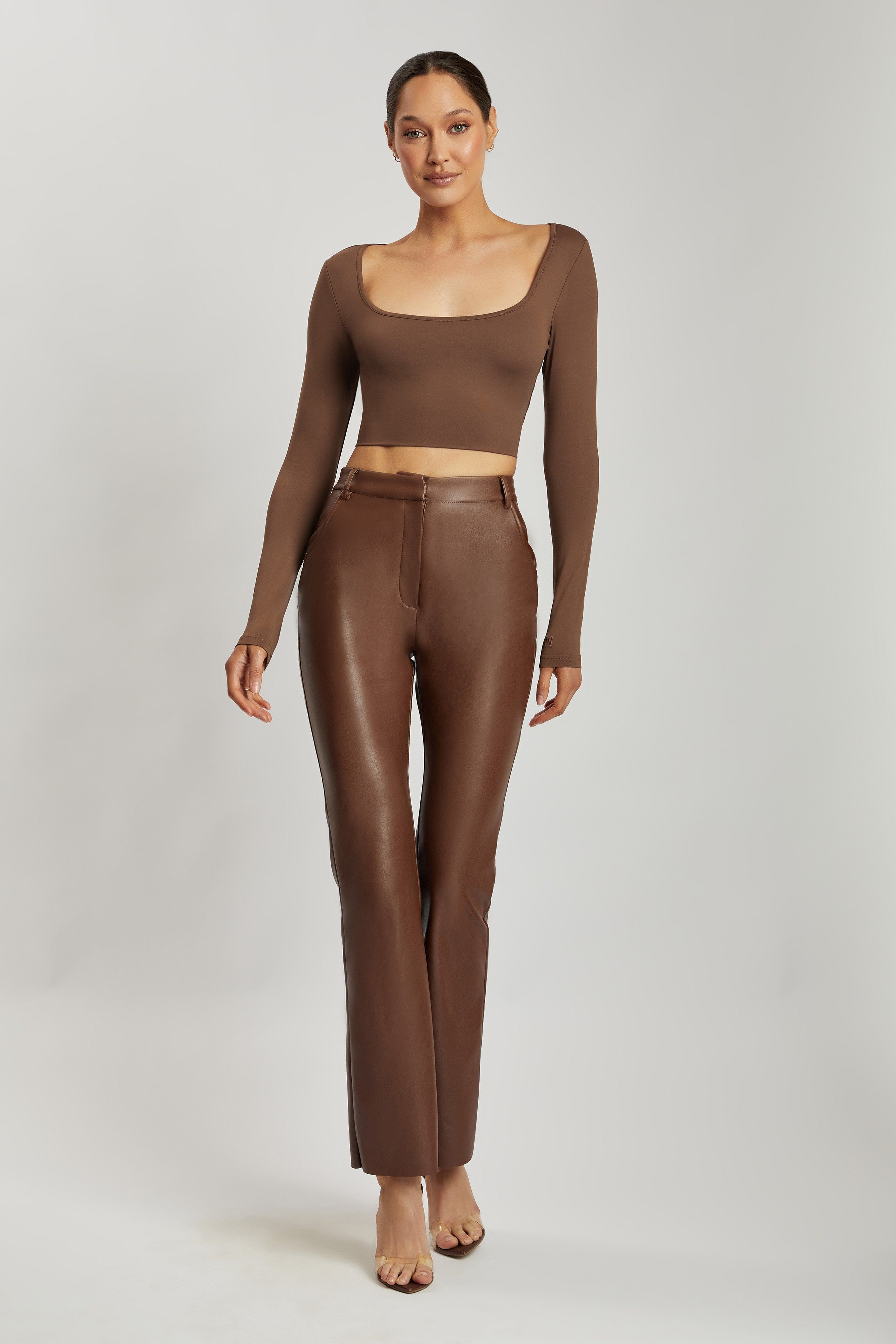 Lana Scoop Long Sleeve Scoop Neck Crop - Chocolate sold by Meshki