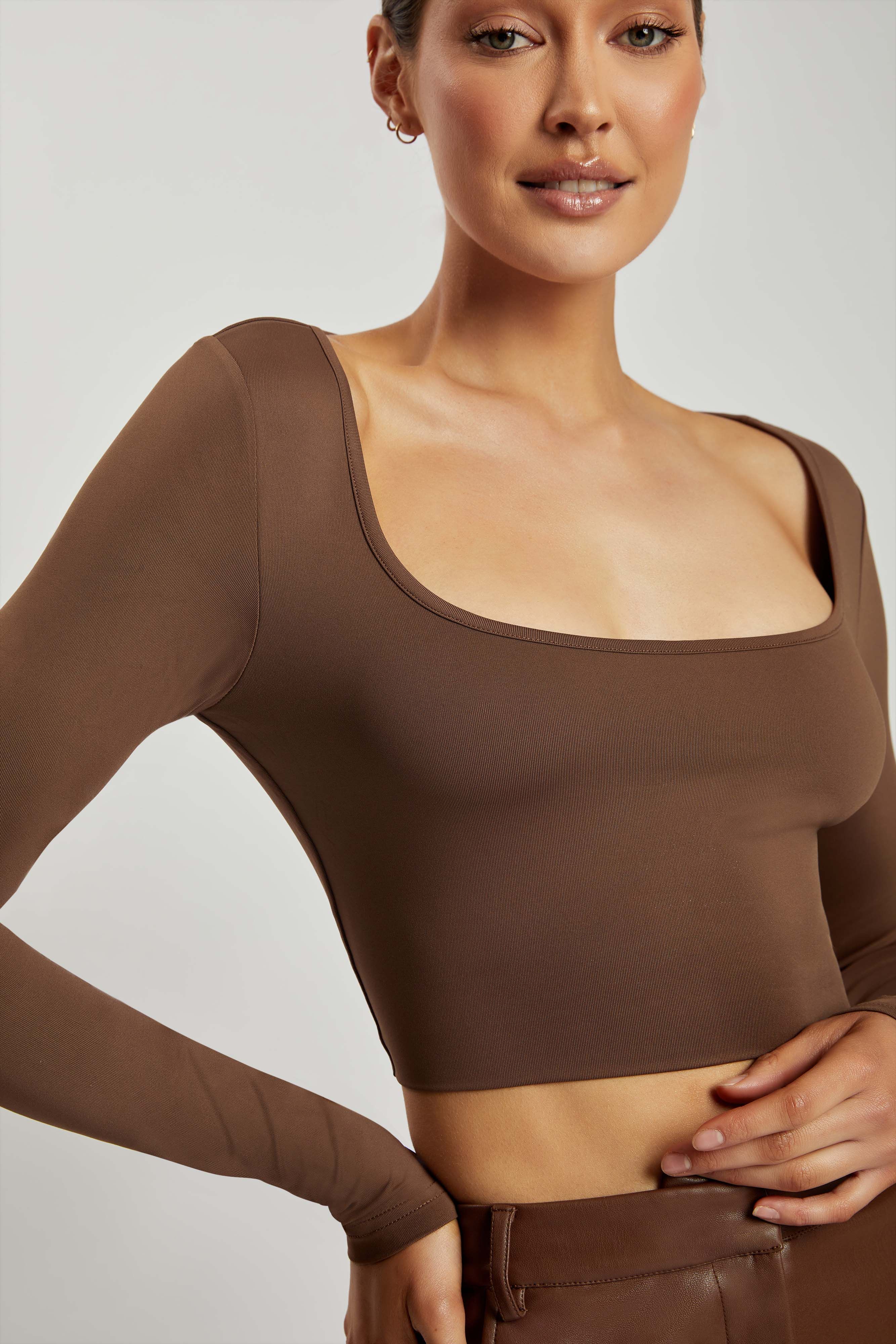 Lana Scoop Long Sleeve Scoop Neck Crop - Chocolate sold by Meshki product image thumbnail 11