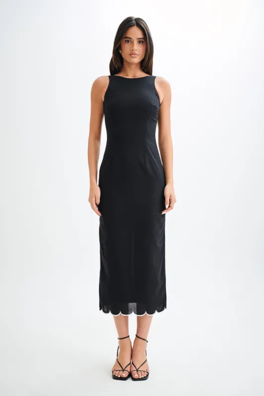 Sofiane Scalloped Linen Midi Dress - Black sold by Meshki