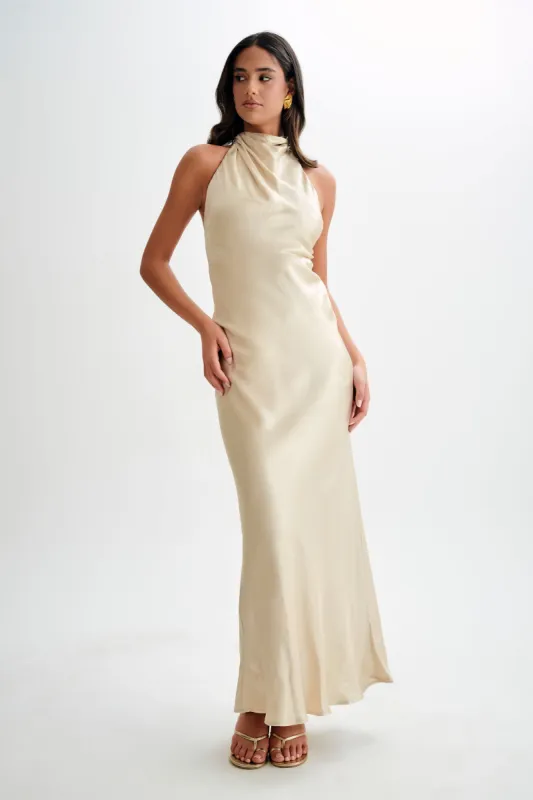 Esther Iridescent Satin Cowl Maxi Dress - Gold sold by Meshki