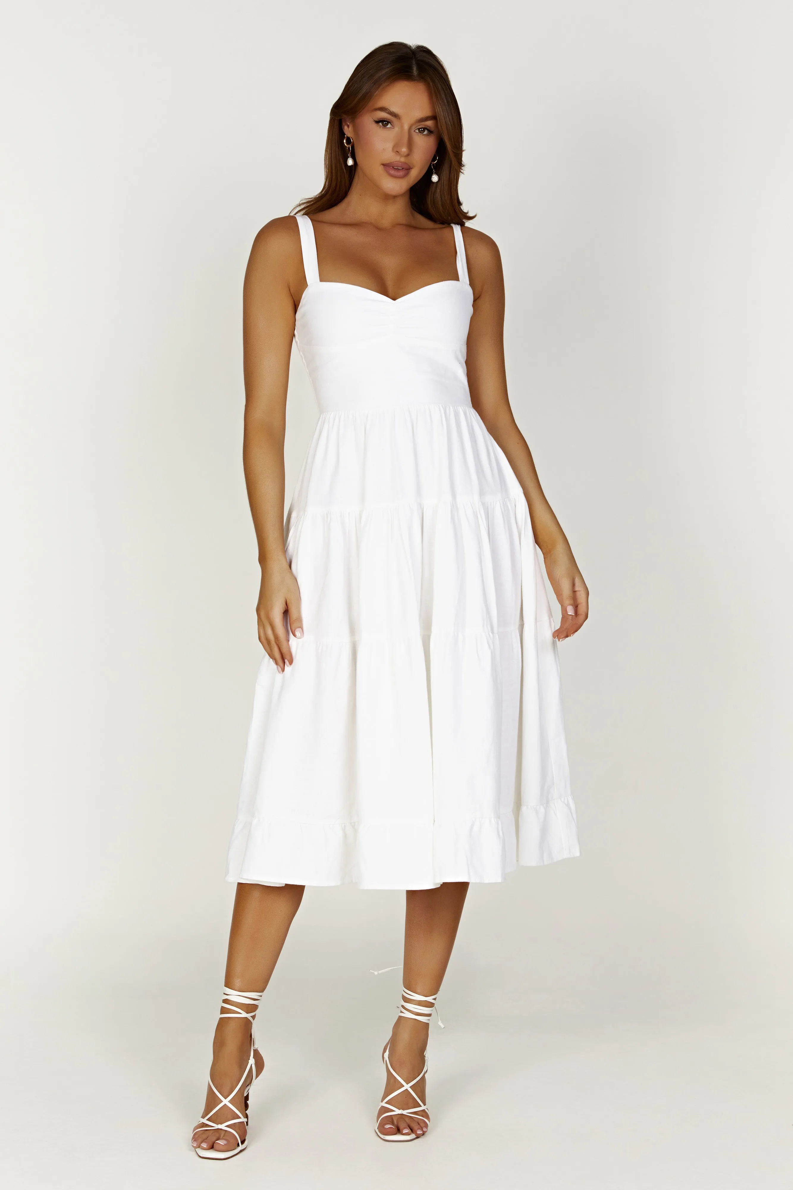 Adriana Linen Midi Dress - White sold by Meshki