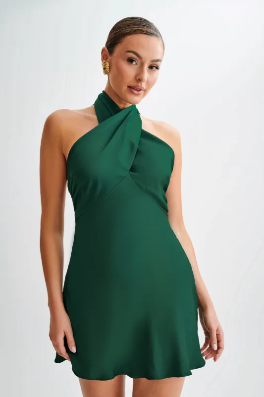 Francine Satin Halter Mini Dress - Forest Green sold by Meshki