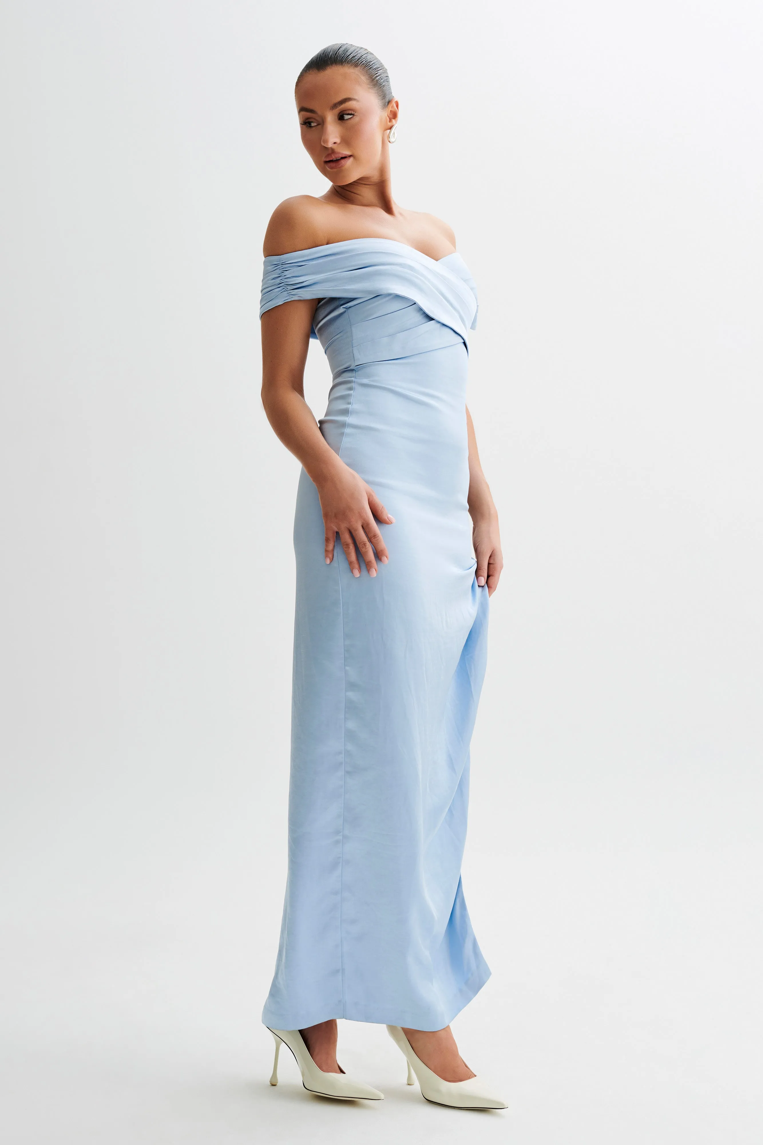 Harley Off Shoulder Satin Maxi Dress - Cornflower Blue sold by Meshki product image thumbnail 4