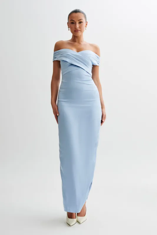 Harley Off Shoulder Satin Maxi Dress - Cornflower Blue sold by Meshki