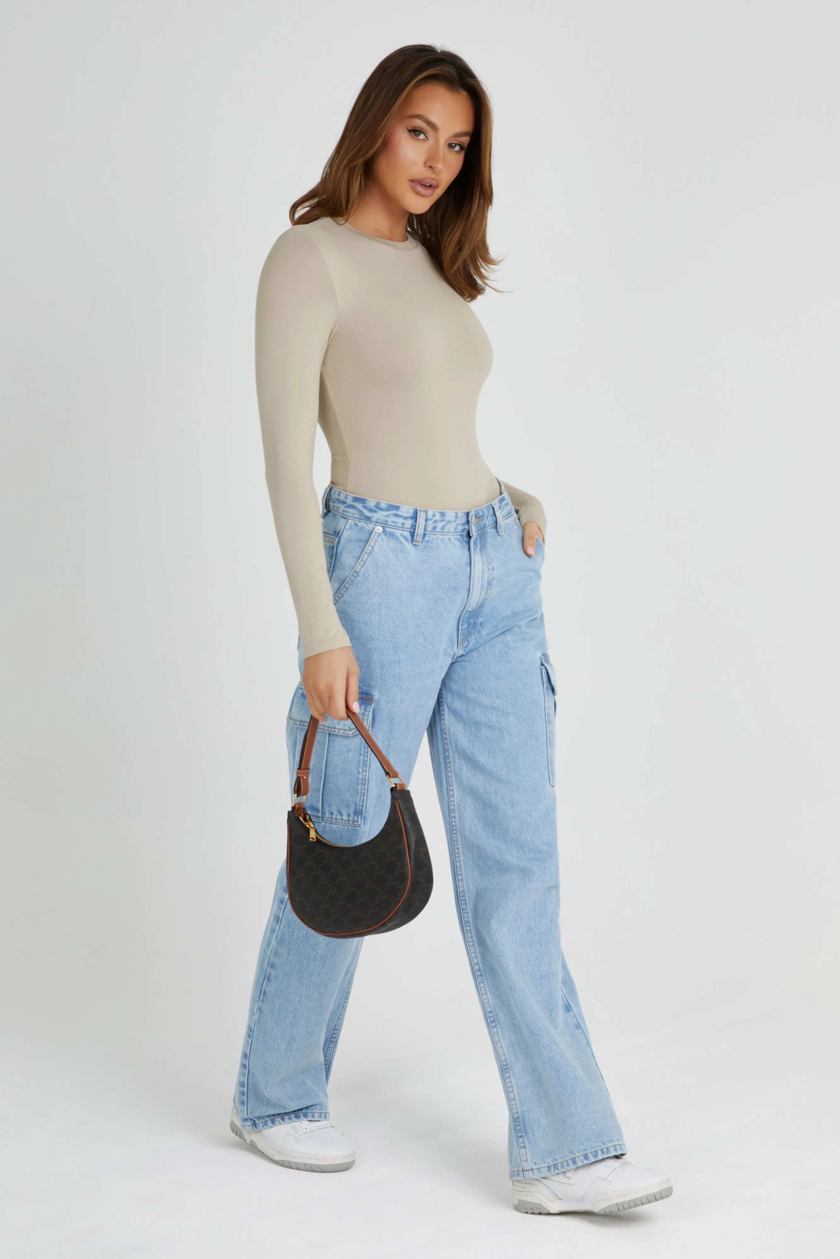 Delilah Recycled Nylon Long Sleeve Crew Neck Bodysuit - Taupe sold by Meshki product image thumbnail 5