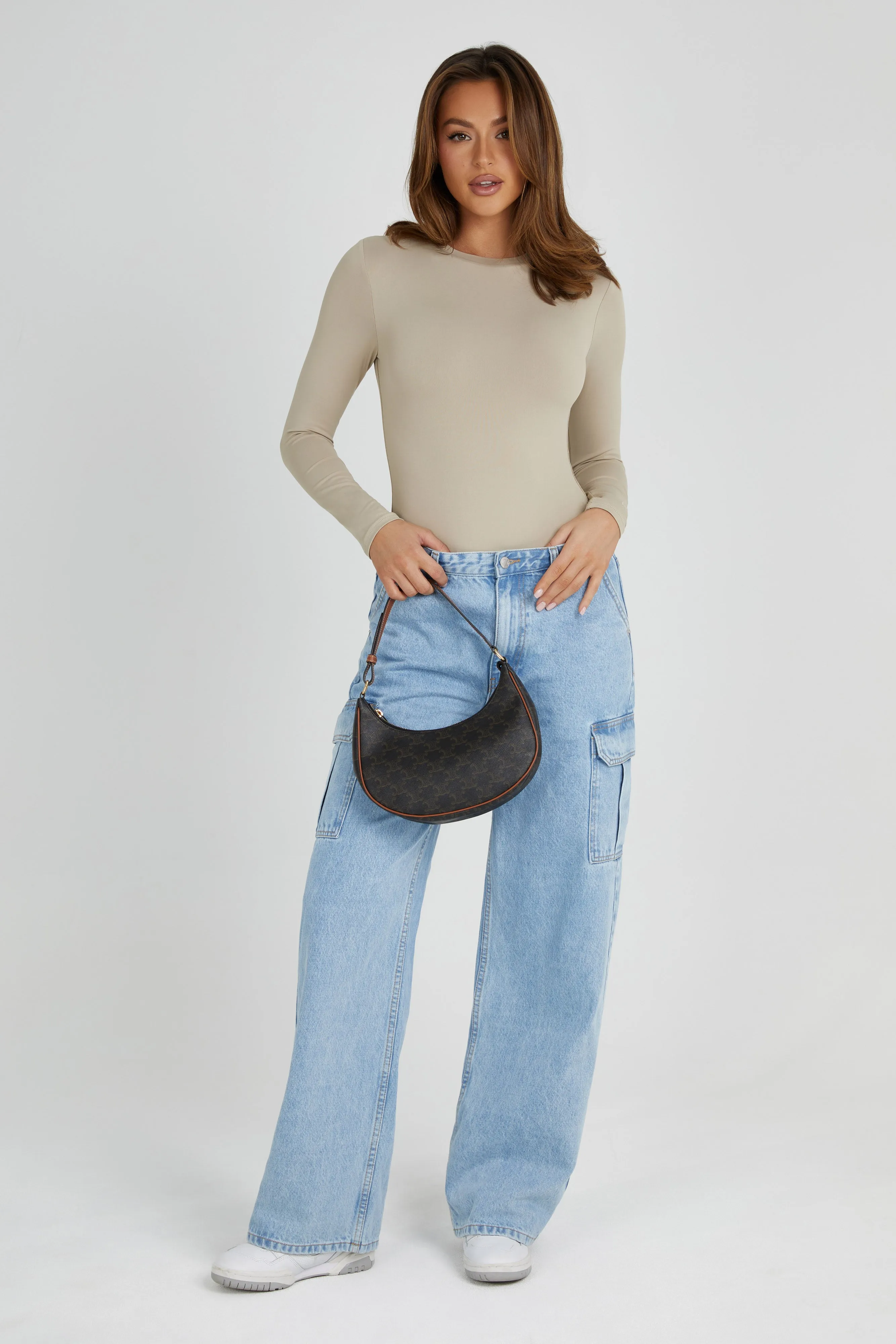 Delilah Recycled Nylon Long Sleeve Crew Neck Bodysuit - Taupe sold by Meshki product image thumbnail 3