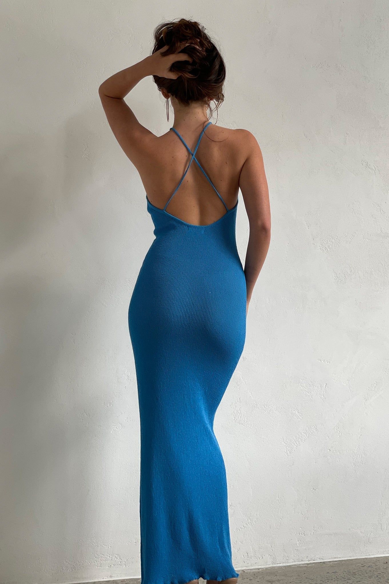 Aryana Asymmetrical Straight Maxi Halter Knit Dress - Azure Blue sold by Meshki
