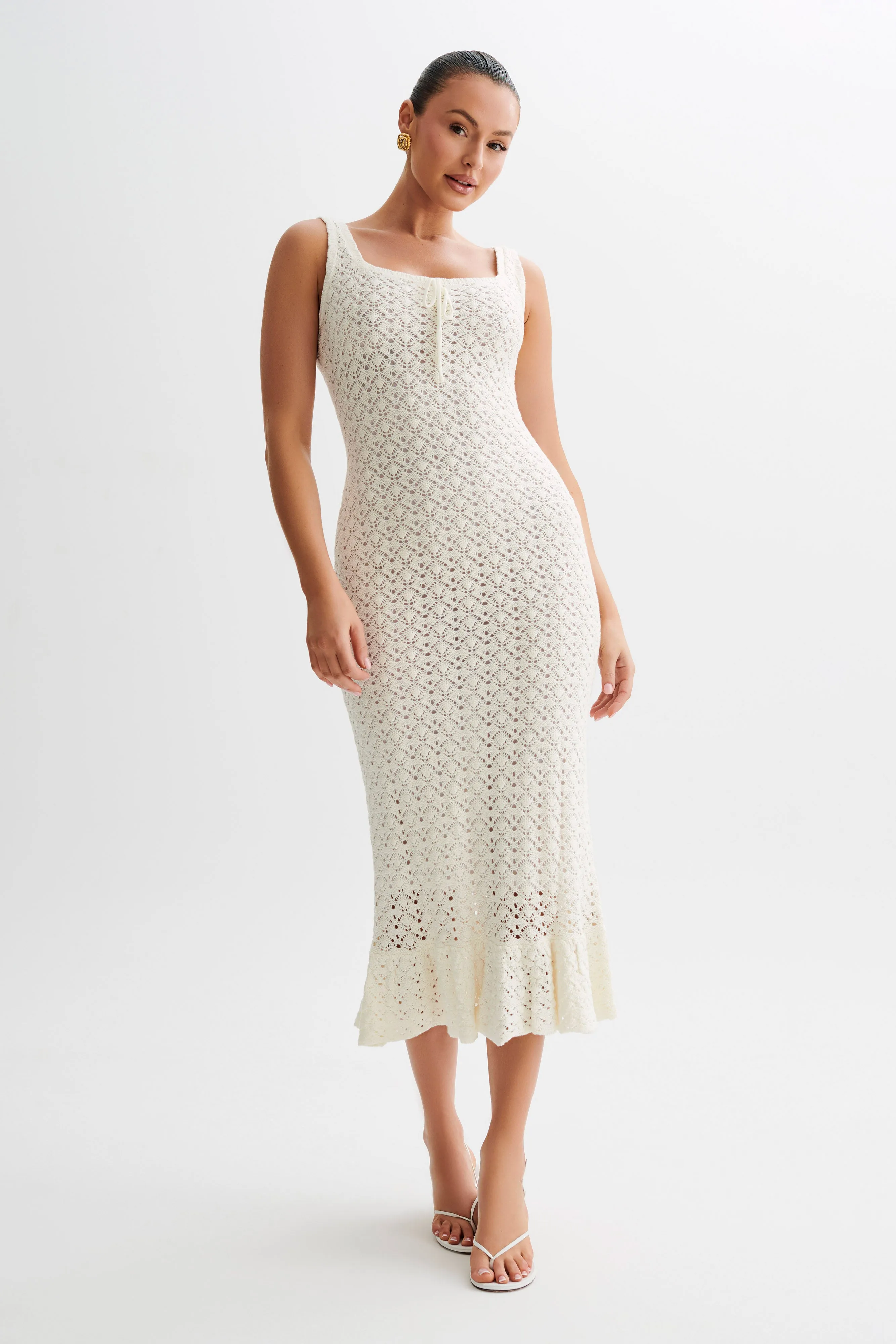 Sylvie Frill Knit Midi Dresses - Ivory sold by Meshki