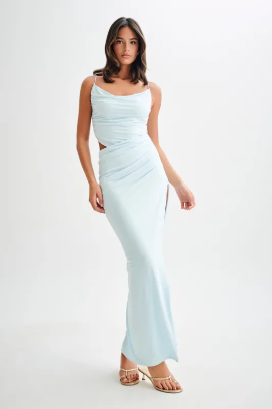 Jemma Draped Slinky Maxi Dress - Sky Blue sold by Meshki