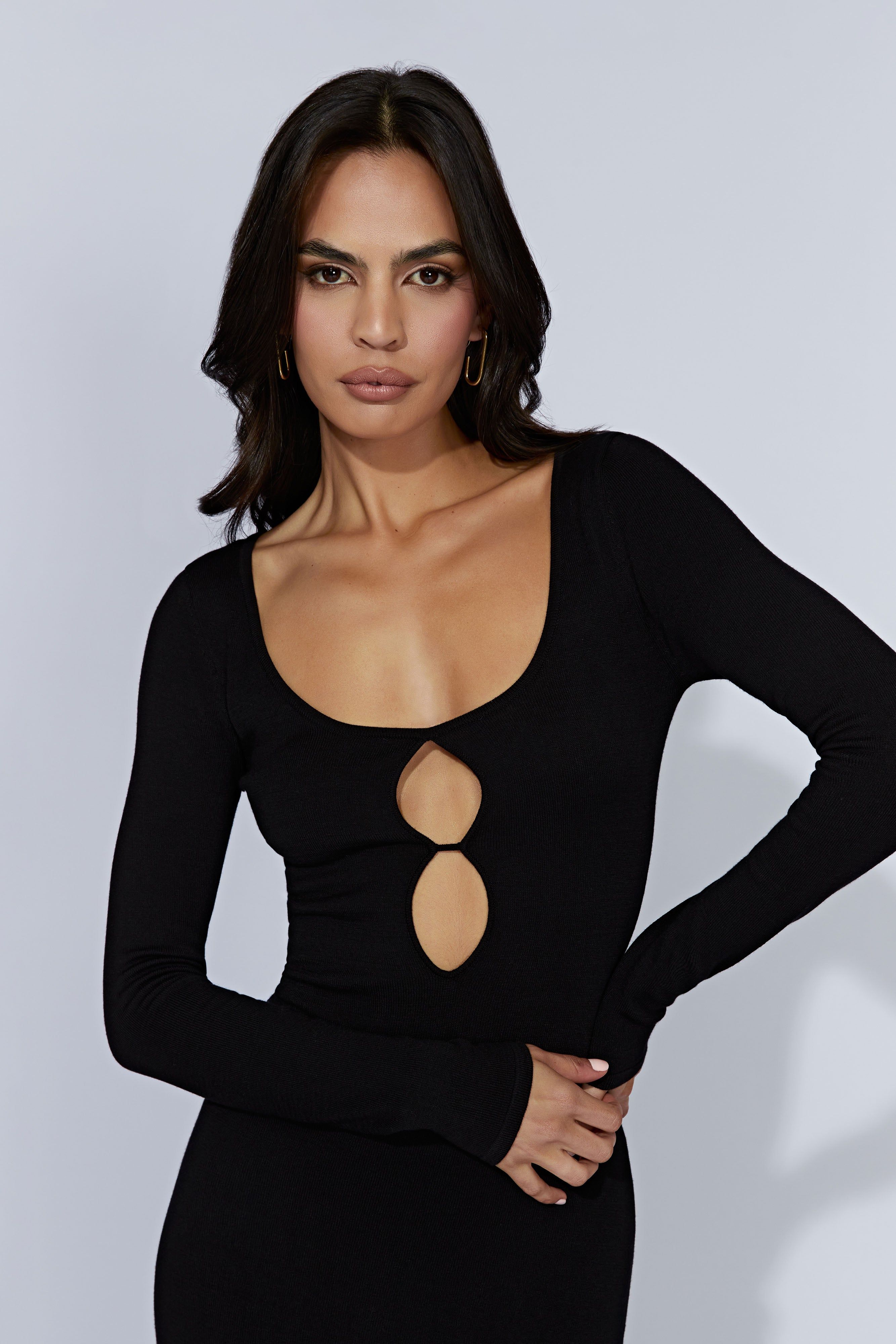 Alma Long Sleeve Knit Midi Dress - Black sold by Meshki product image thumbnail 3