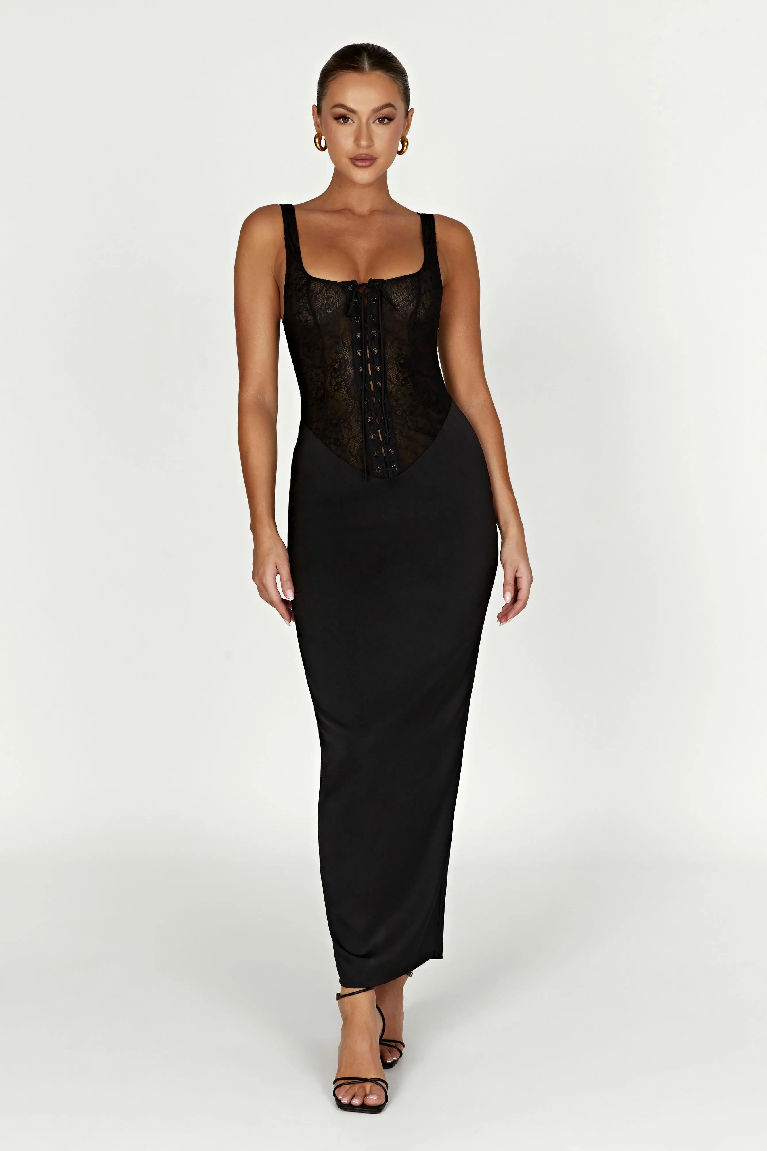 Octavia Lace Corset Maxi Dress - Black sold by Meshki