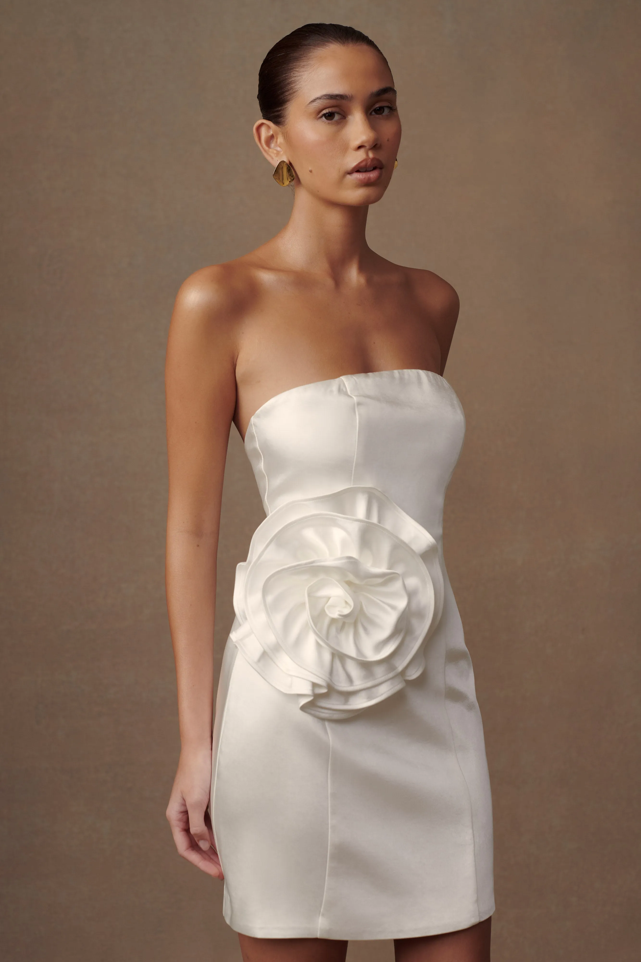 Bernadette Strapless Rose Mini Dress - White sold by Meshki