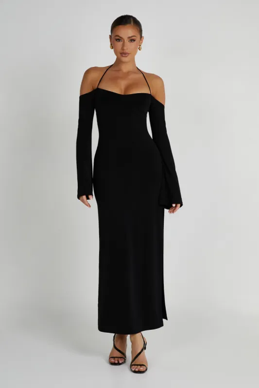 Tia Slinky Off Shoulder Maxi Dress - Black sold by Meshki