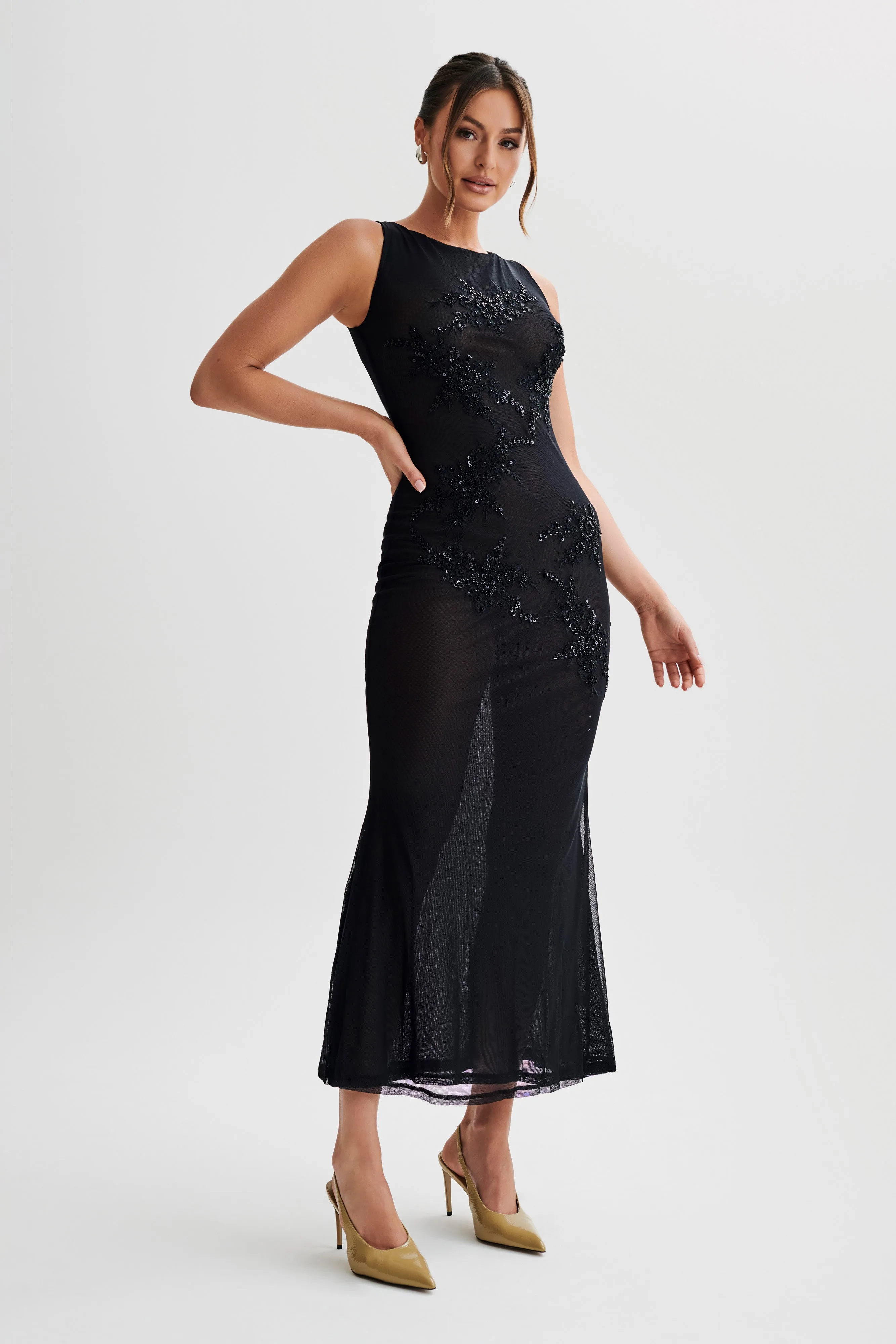 Maeva Embroidered Mesh Maxi Dress - Black sold by Meshki product image thumbnail 4