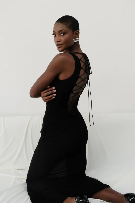 Maeva Embroidered Mesh Maxi Dress - Black sold by Meshki