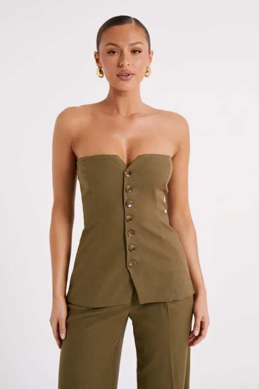 Innis Linen Longline Strapless Top - Olive sold by Meshki