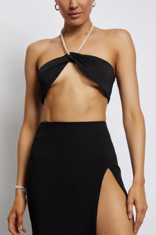 Lea Diamante Chain Halter Neck Crop Top - Black sold by Meshki