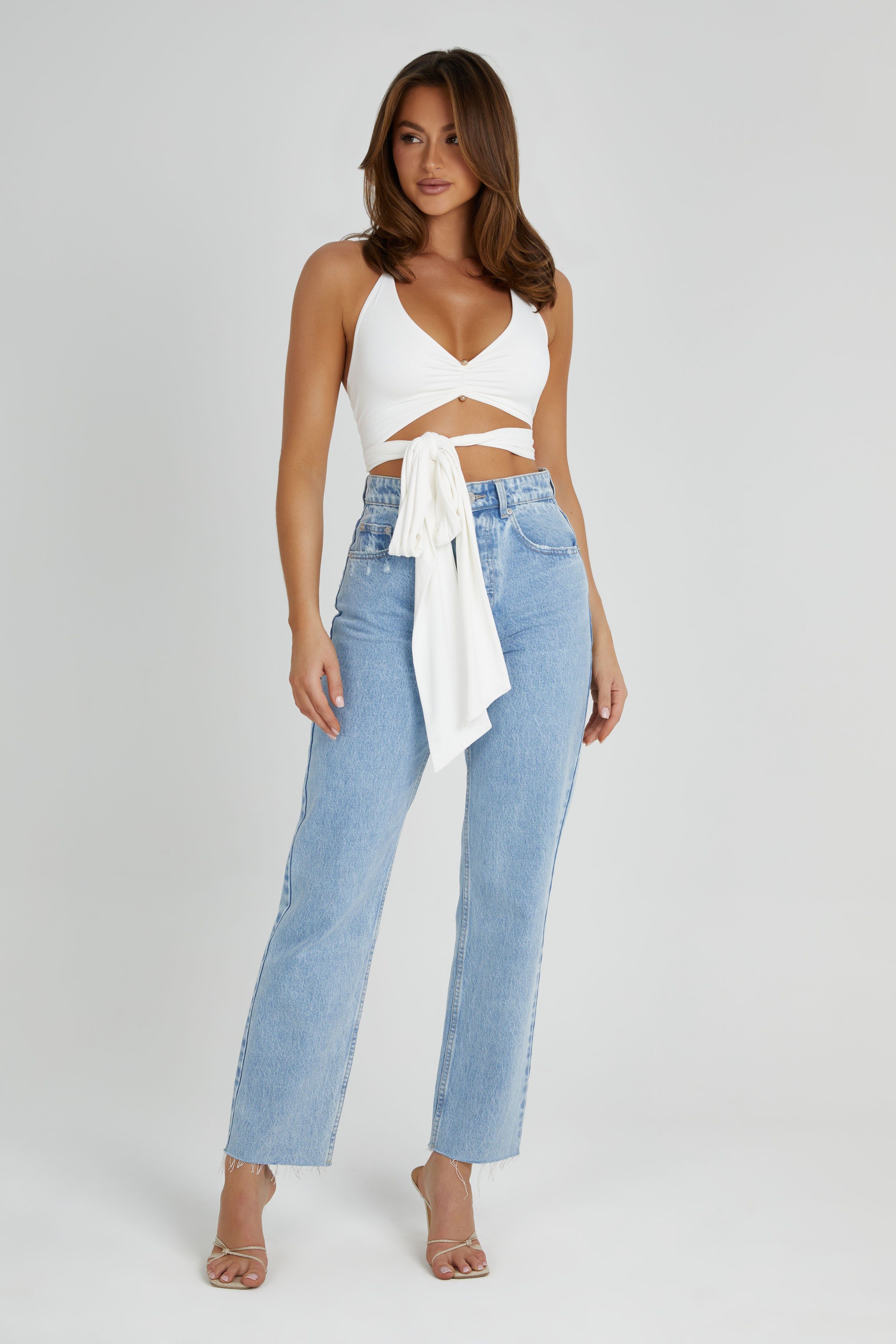 Kasia Recycled Nylon Pin Detail Wrap Top - White sold by Meshki product image thumbnail 5