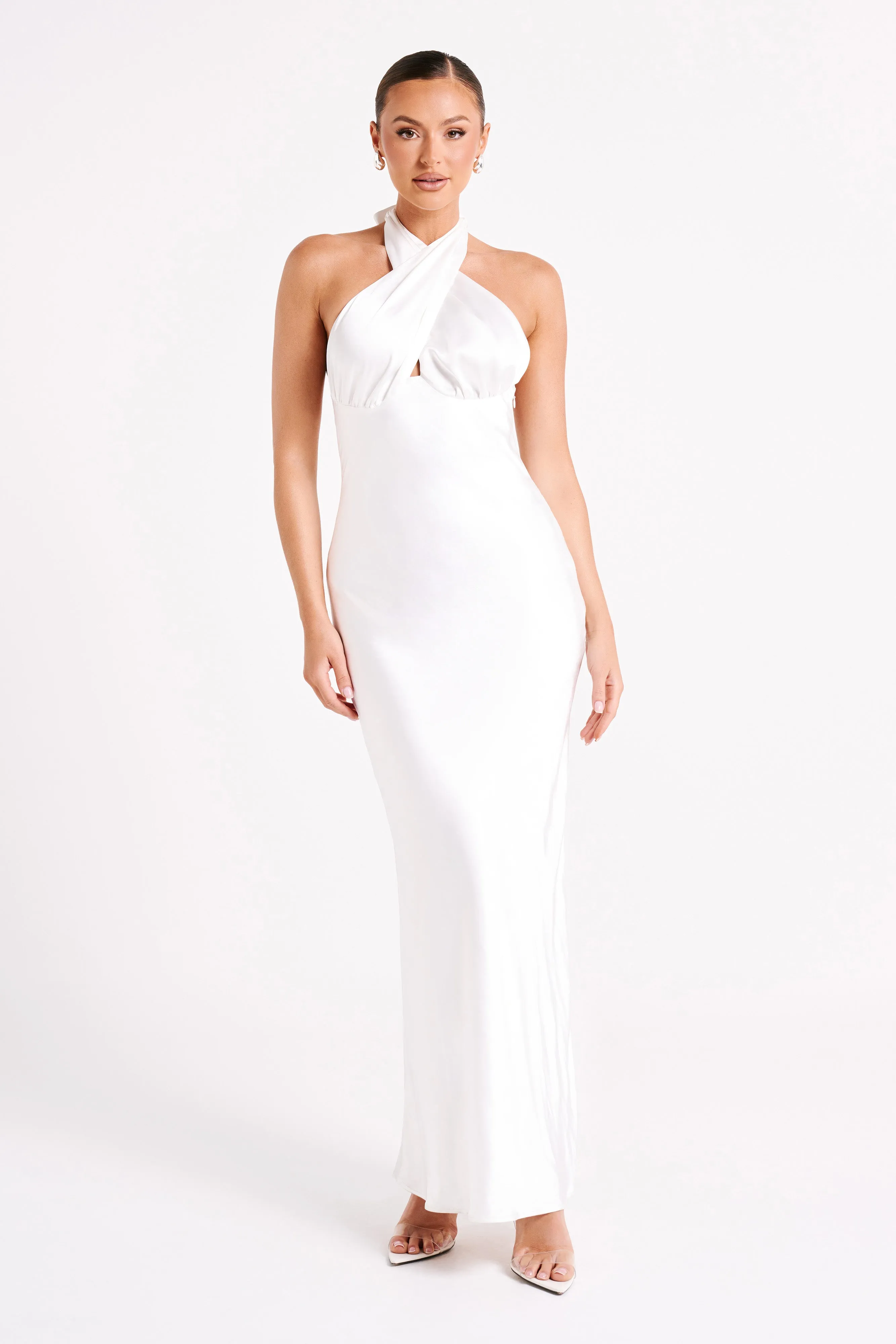Marvelle Satin Halter Maxi Dress - White sold by Meshki