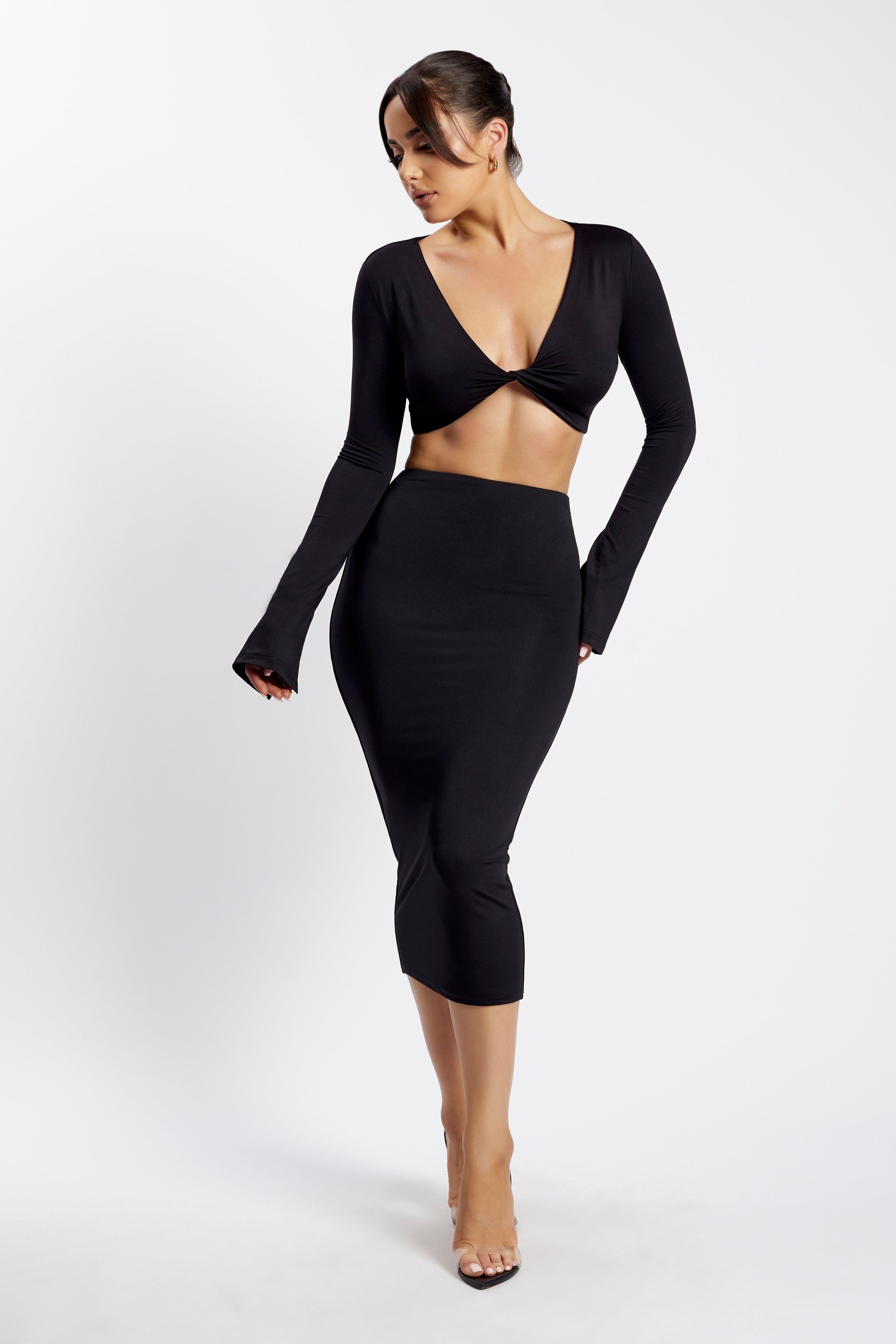 Samantha Long Sleeve Twist Front Crop Top - Black sold by Meshki product image thumbnail 3