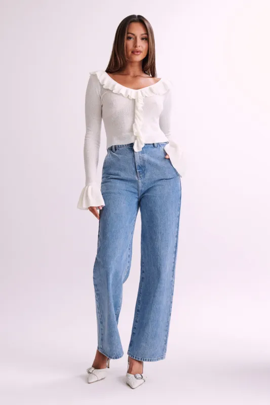 Aster Knit Top With Frill - White sold by Meshki
