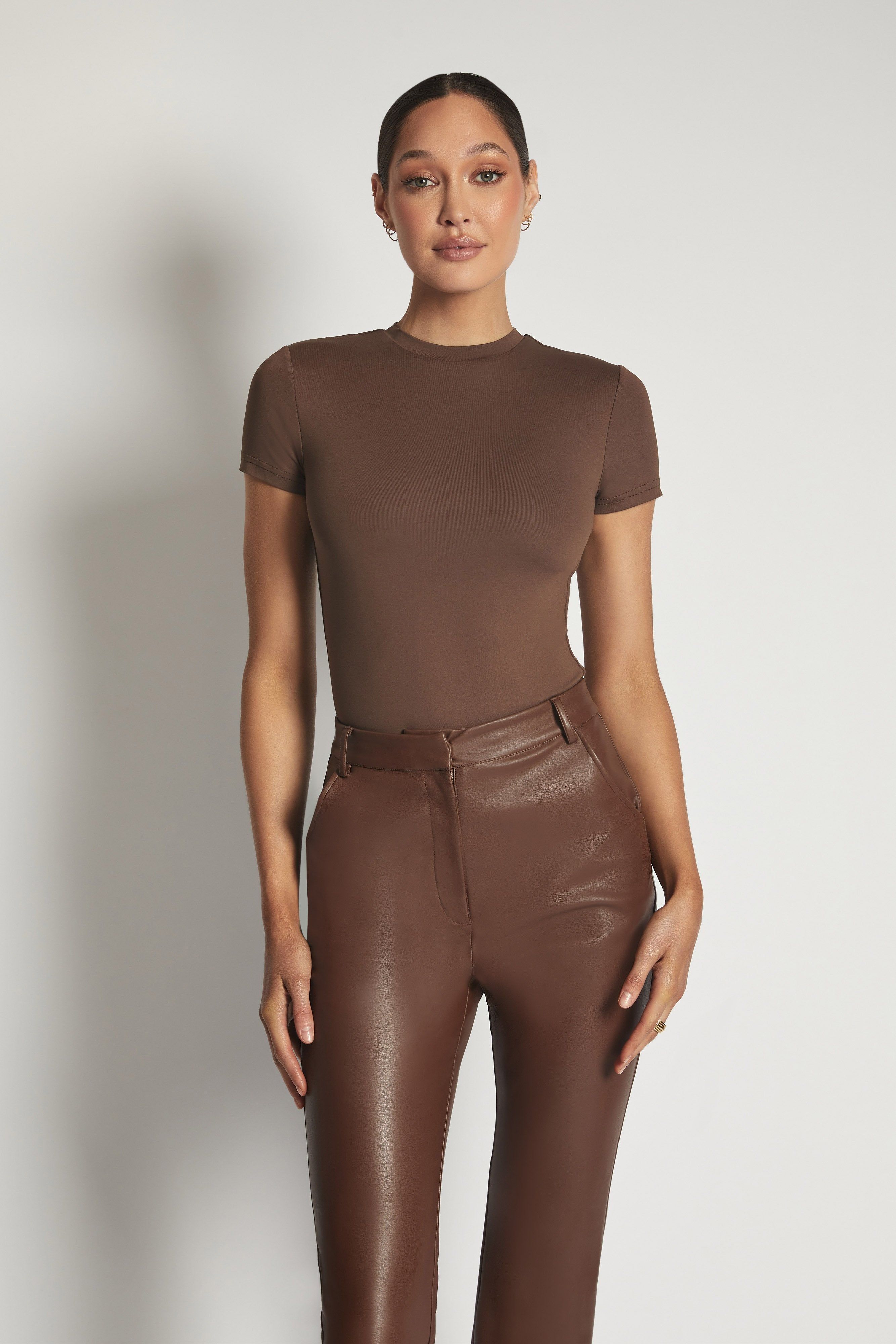 Francesca Crew Neck Short Sleeve Bodysuit - Chocolate sold by Meshki product image thumbnail 3