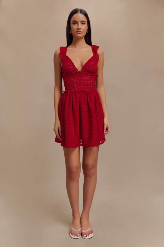 Ezra Lace Mini Dress - Deep Red sold by Meshki