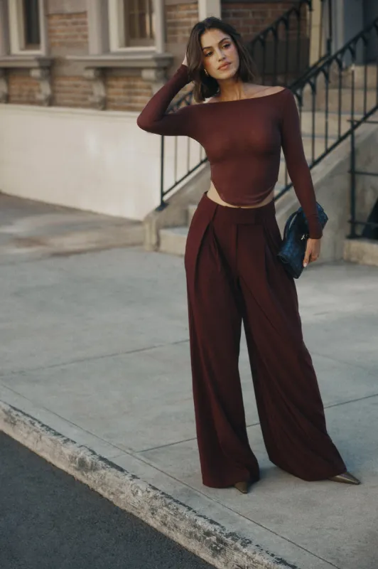 Jacqueline Pleated Wide Leg Pants - Mahogany sold by Meshki